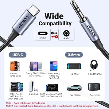 UGREEN USB C Aux Kablosu 3.3FT DAC Tip C - 3,5 mm Kulaklık Ses Adaptörü Hi-Fi Stereo Erkek Araba Yardımcı iPhone 17 Pro Max 16 Pro 15 Galaxy S25 S24 Ultra A56 iPad Pixel 10/9 (1M) ile Uyumlu