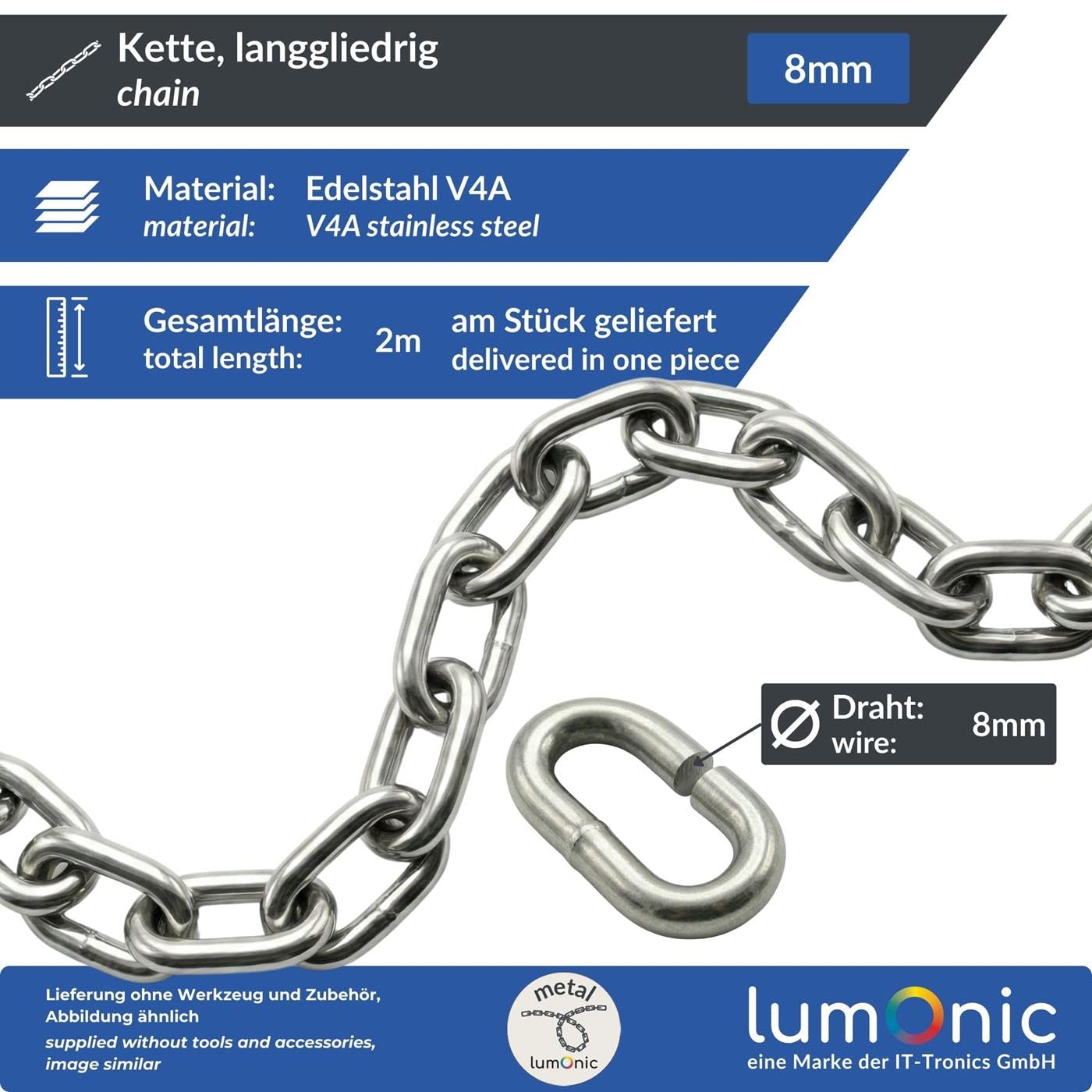 Lumonic 2m Cadena V4A acero inoxidable | 8mm | De extremidades largas | Inoxidable + resistente al agua de mar | Cadena de lluvia, cesta colgante, cadena de barrera