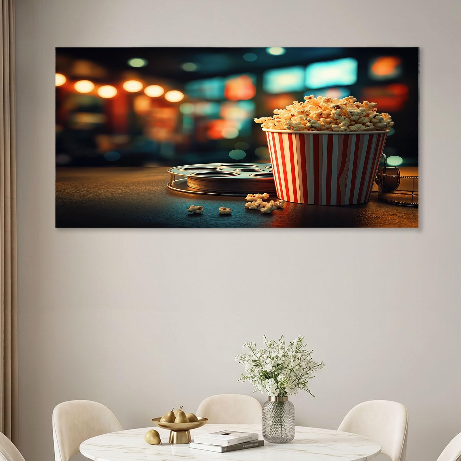Leinwandbild 120 x 80 cm Wandbild Retro - Bild auf Leinwand mit Braun Film Popcorneimer, Wanddeko für Wohnzimmer, Schlafzimmer, Büro Deko Zimmer