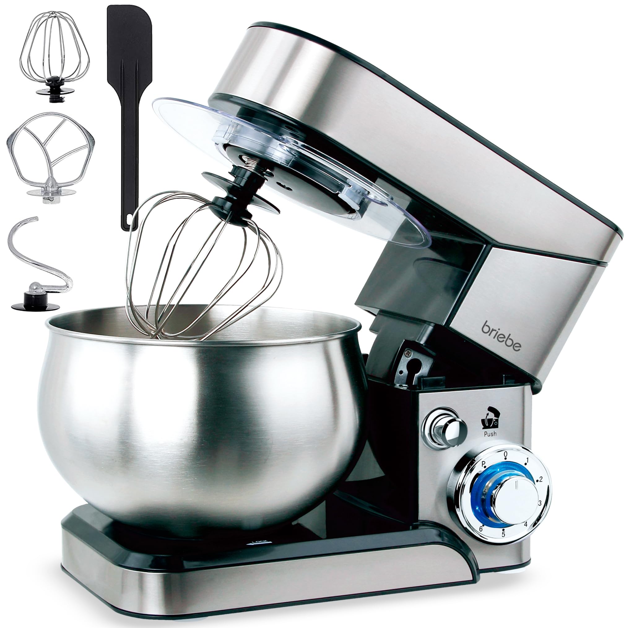 briebe Batidora Amasadora ReposterÃa 1800W MAX, Robot Cocina Profesional, Movimiento Orbital, Varillas, Gancho Masa, Pala Mezcladora, 5 L, 6 Velocidades + Función Pulso, Inox KM1114