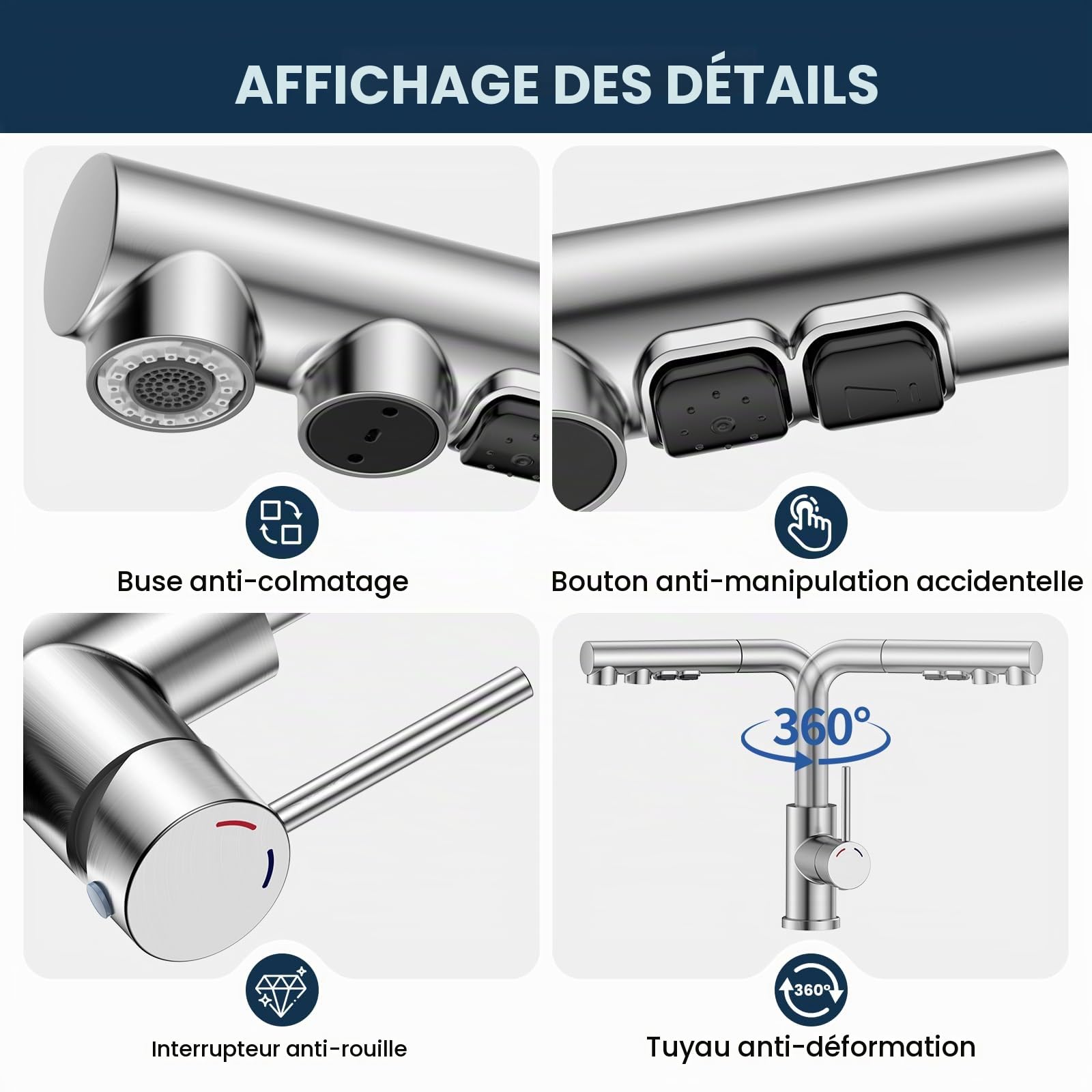 Mitigeur Cuisine Extractible, Robinet Évier Acier Inox 304