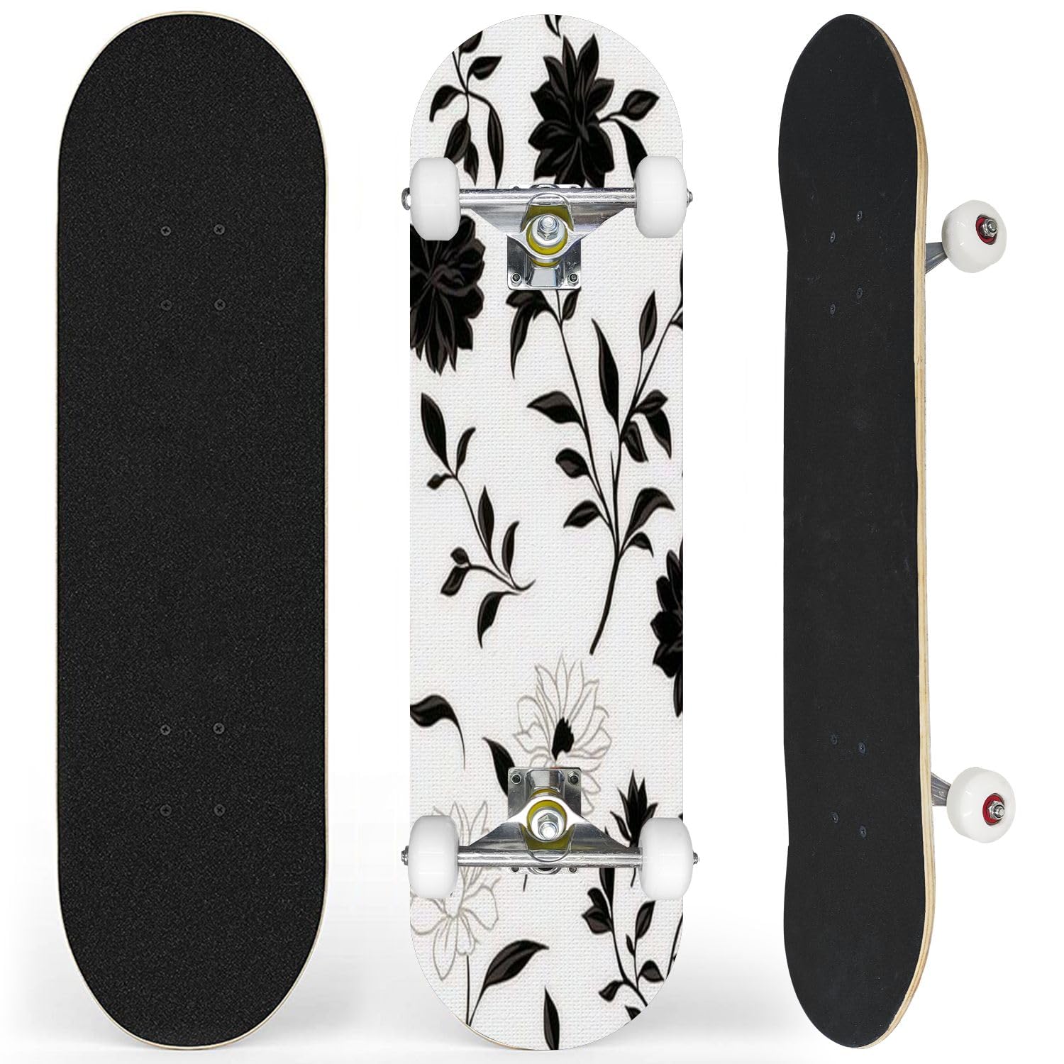 Complete Skateboard with Black White Floral Pattern Beginner Skateboard 7-Layer Maple Wood Double Kick Concave Skateboards for Kids, Adults, Teens 31