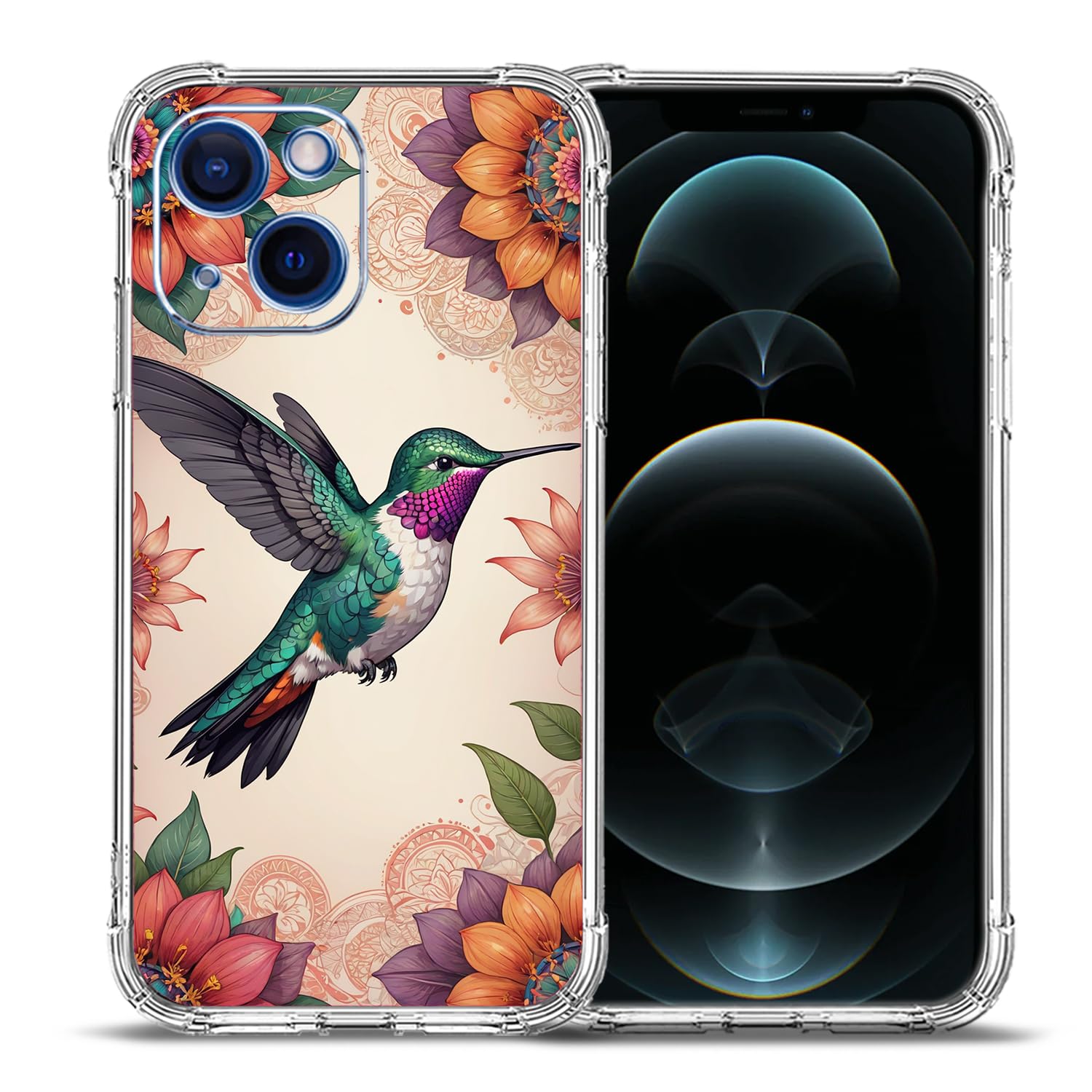 Beaucov Case for iPhone 13 Mini,Colorful Hummingbird Mandala Flowers Drop Protection Shockproof Case TPU Full Body Protective Scratch-Resistant Cover