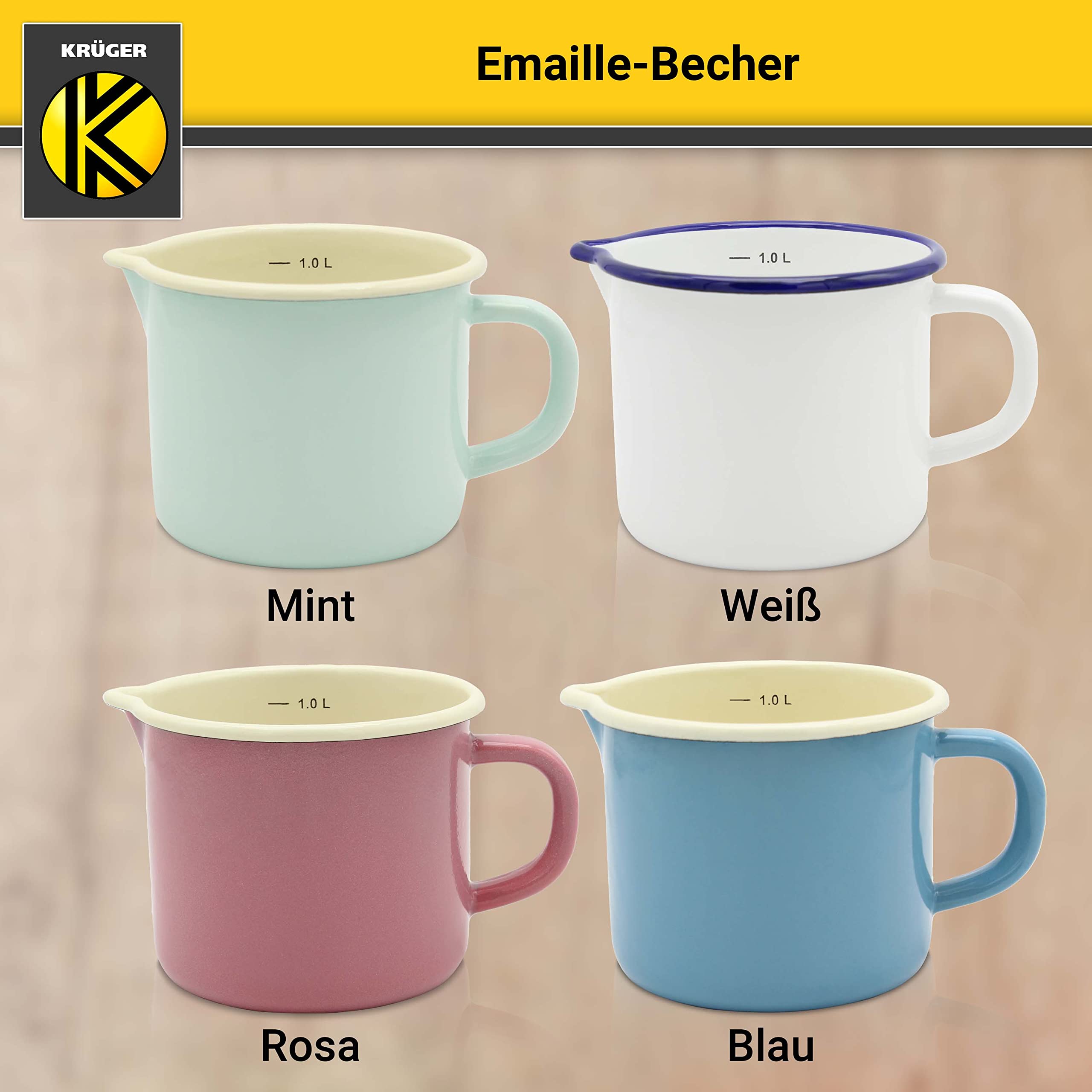 Krüger Olla de leche esmaltada rosa de 12 cm, 1 litro, con base de contacto completo para cocinar de bajo consumo, práctica boquilla y escala de litros, apta para lavavajillas e inducción (rosa)