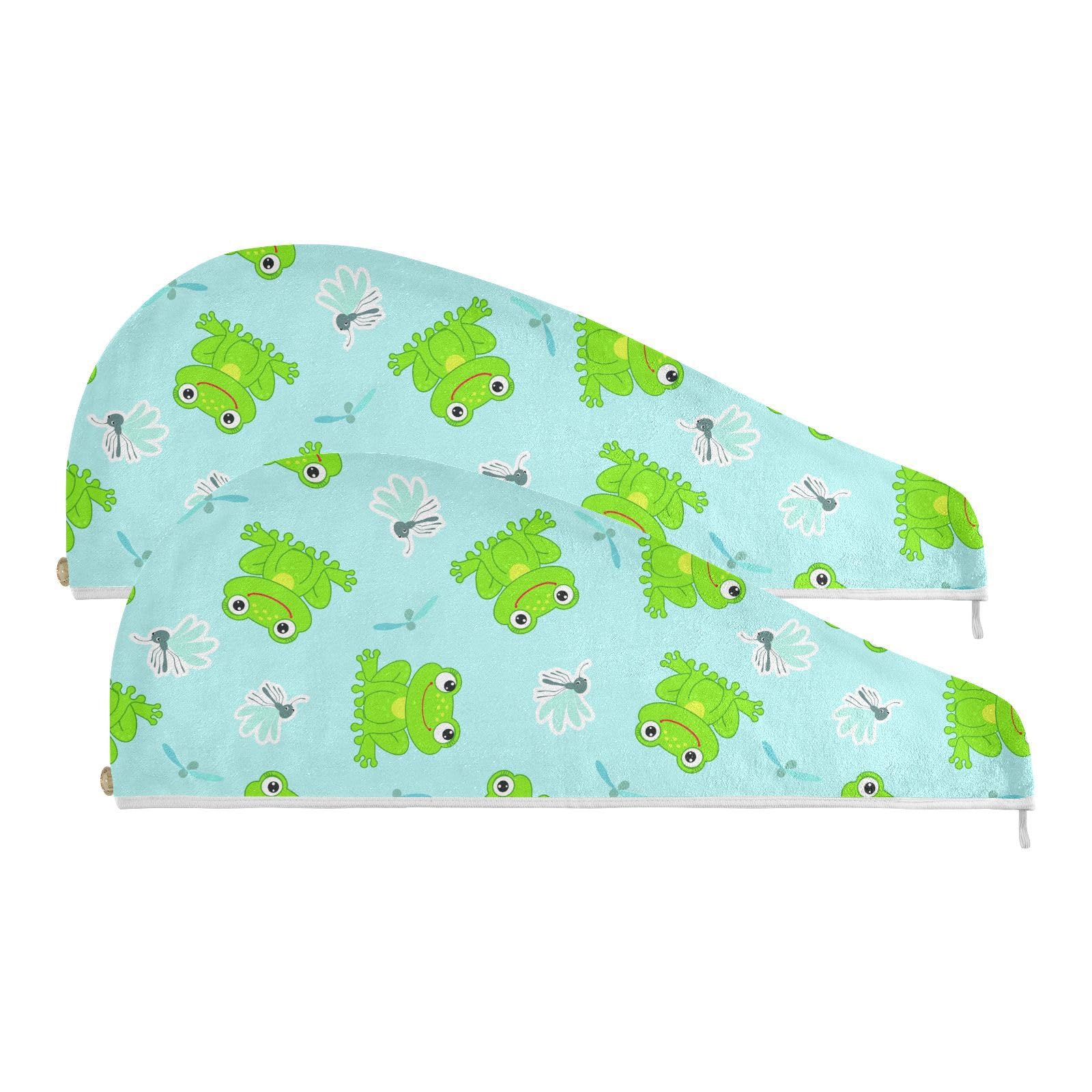 YOUJUNER Hair Towel Wrap Cartoon Green Frogs Rapid Drying Turban Hair Towel Super Absorbent Head Towel for Women Girl