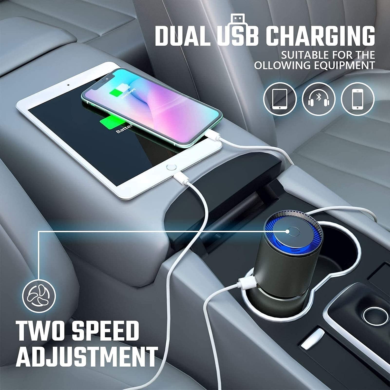 Purificador de aire ionizador para coche, generador negativo con doble puerto USB, limpiador de aire para automóviles y habitaciones pequeñas. Eliminador: humo, polvo
