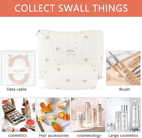 Miniatura 10 de Bolsa de maquillaje acolchada de algodón para mujer, bolsa grande de maquillaje de viaje, juego de soporte para brochas para mujer, bolsa de