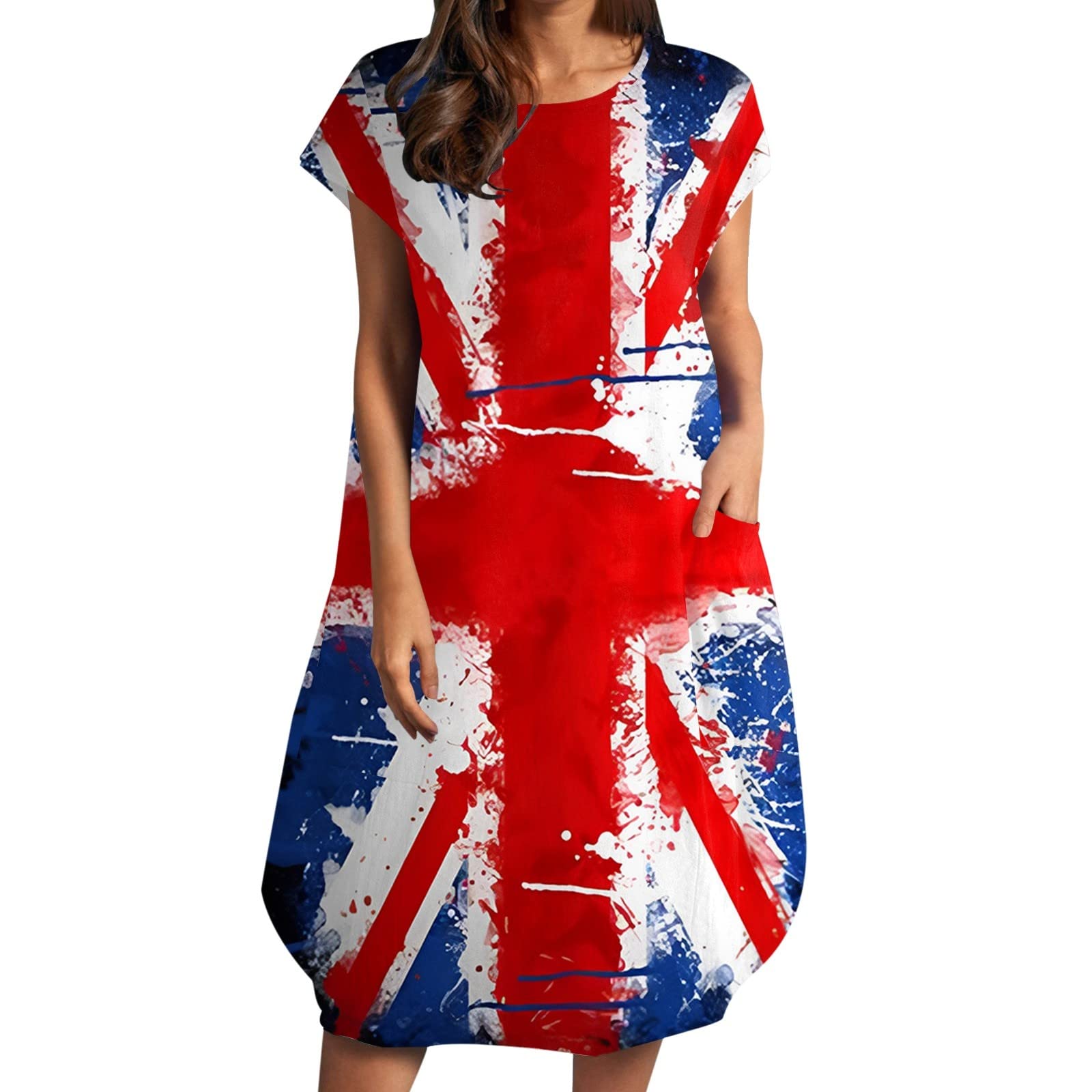 4Th of July Sleeveless Round Neck Dress Women's Plus Size Irregular Loose Flags Printed Dress Patriotic Dress with Pocket