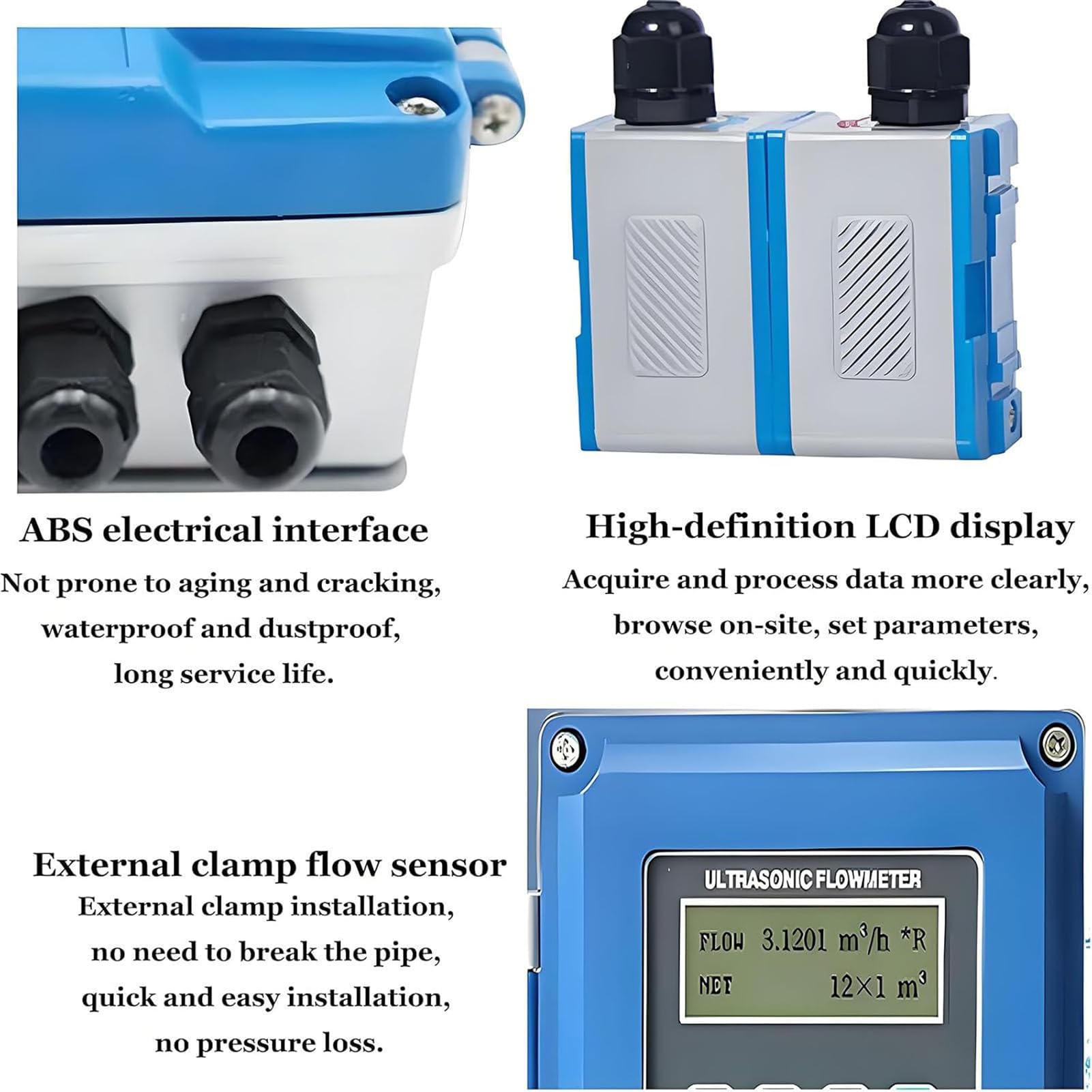 Medidor de flujo ultrasónico portátil con transductores de abrazadera para monitoreo de flujo de agua, productos químicos y energía