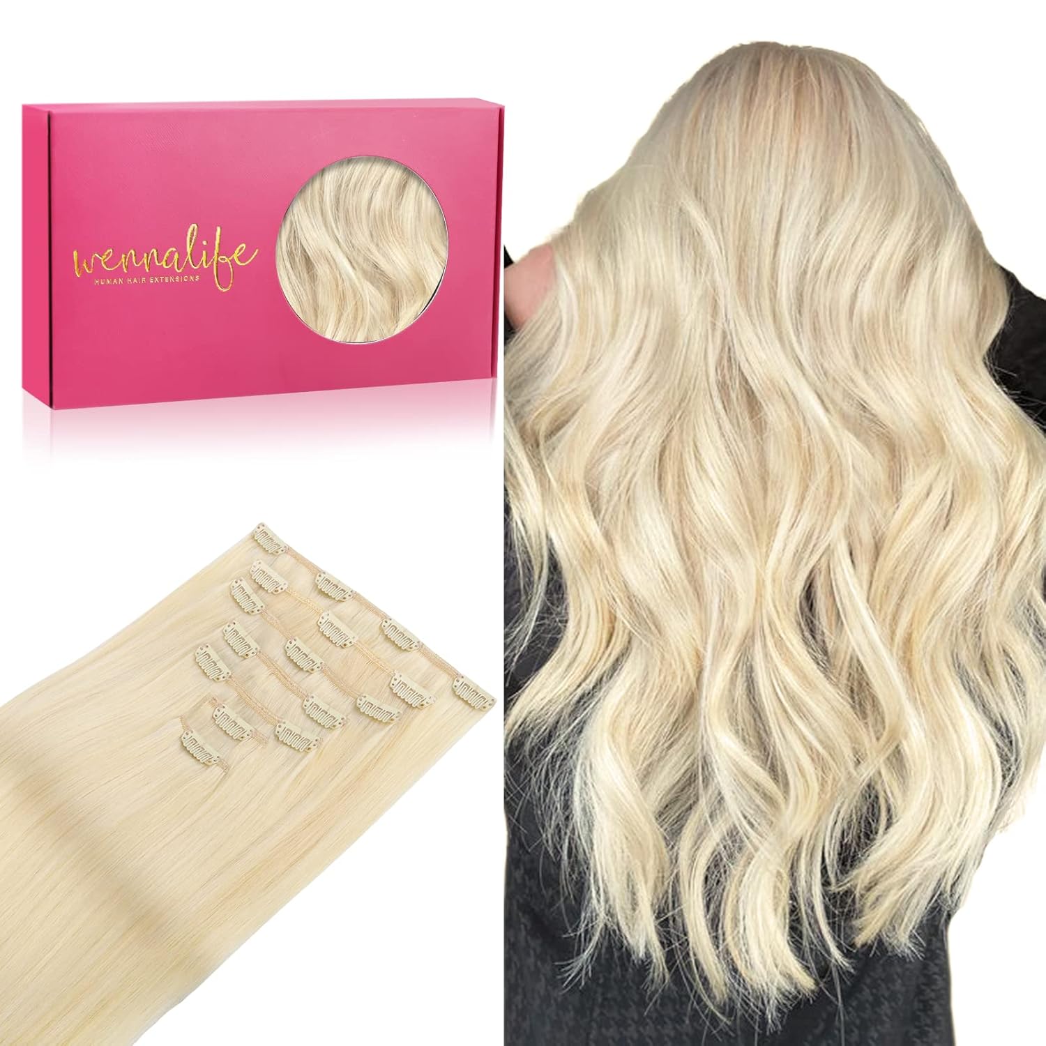 WENNALIFE Clip in Hair Extensions Real Human Hair, 16 Inch