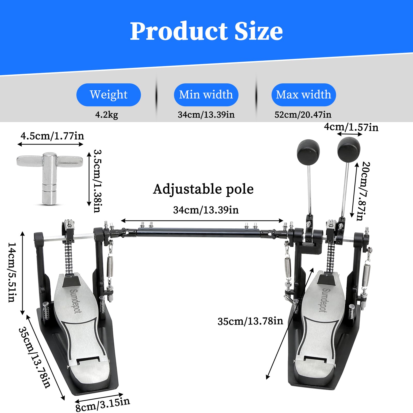 Double Bass drum Pedal,Double Bass Pedal with Adjustable Beater Head,Double Chain Drive Foot Kick Pedal with Drum Key for Drum Set and Electronic Drums (Silver, Double drum pedal) : Musical Instruments