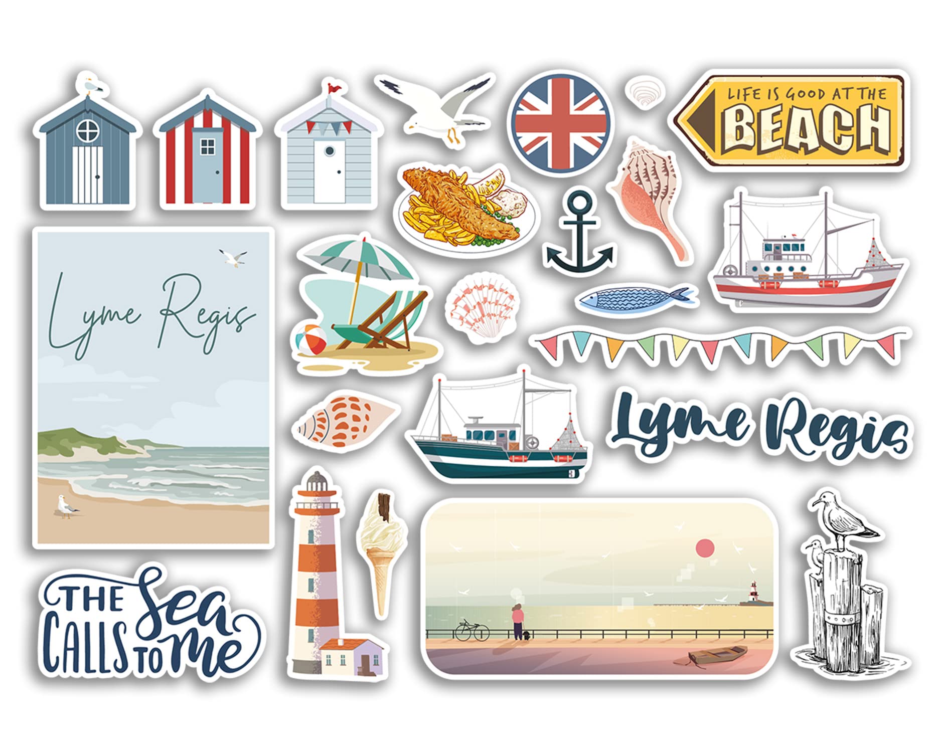 Dv Design Multi A5 Sticker Sheet Lyme Regis Vinyl Stickers - Beach Seaside British England Coast Sea Ocean Boat Flag Travel Holiday Scrapbook Gift Aesthetic #79086