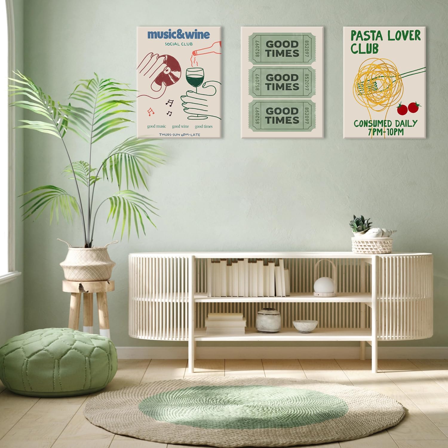 Vintage Trendy Green Canvas Wall Art Set of 3 - Good Times Ticket Posters Prints Funny Pasta Lover Club Decor Picture Trendy Music Wine Painting Home Decor for Living Room Dining Room 16×24 In Framed - Image 8