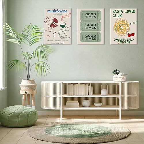 Miniatura 8 de Juego de 3 lienzos de pared en lienzo verde vintage de moda, pósteres de boletos de Good Times, impresiones divertidas para amantes de la pasta,