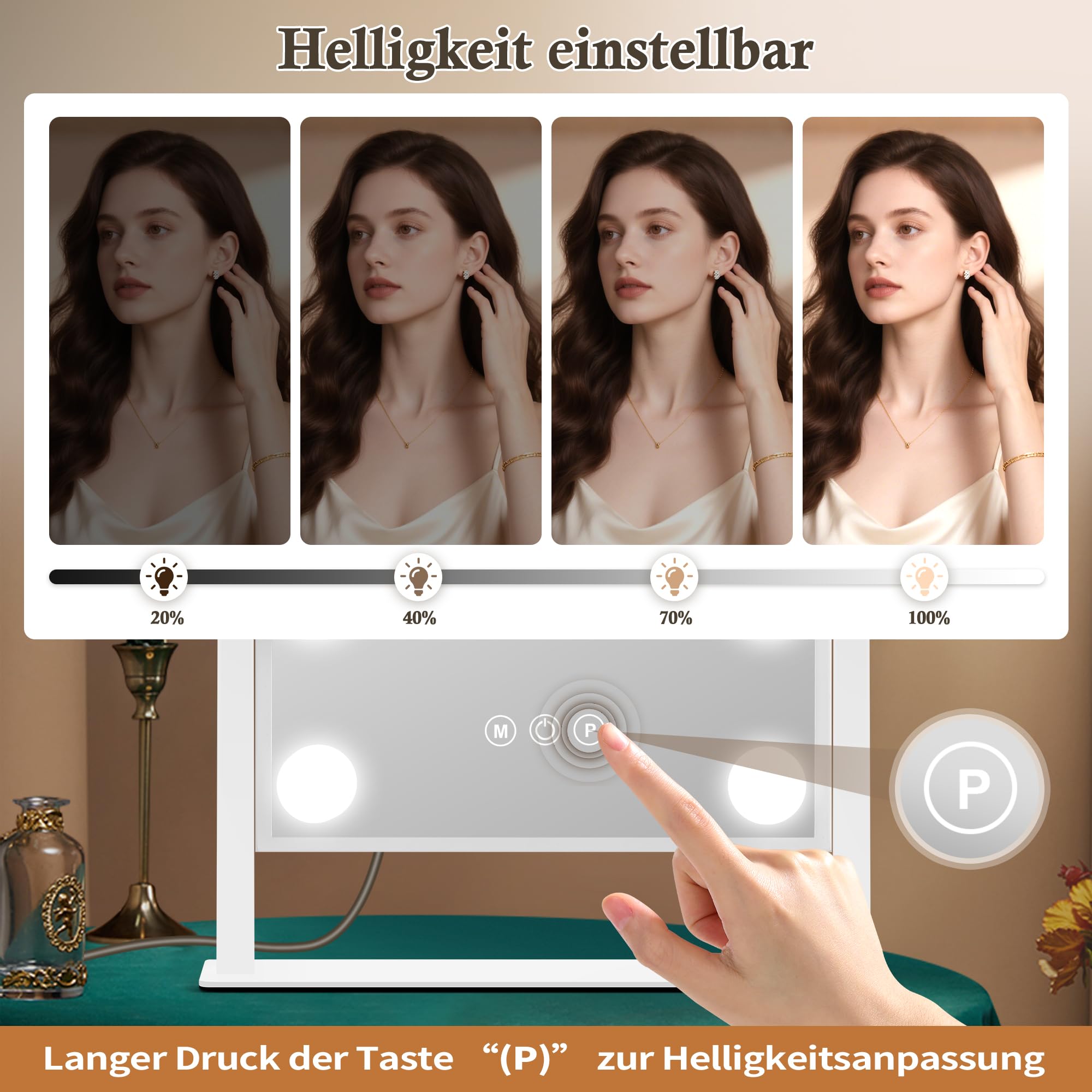 Espejo de maquillaje con iluminación, 30 x 36 cm, espejo Hollywood con 9 LED y 3 modos de luz, espejo de mesa Vanity con 40 aumentos para dormitorio y tocador