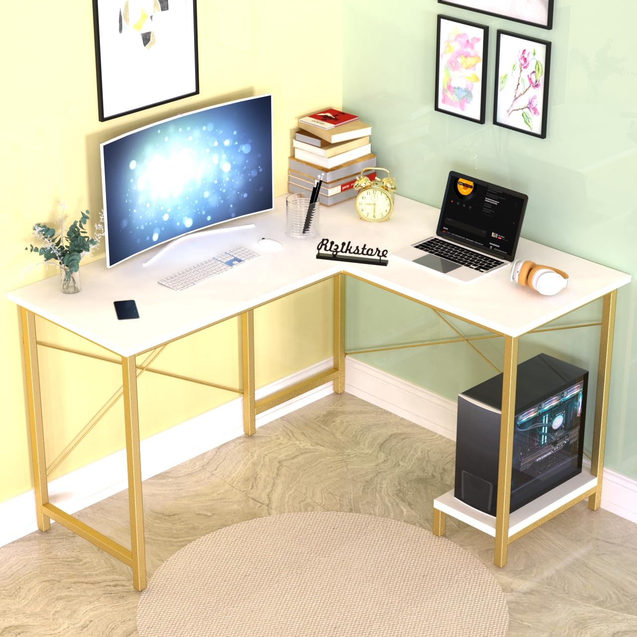 RIZIK Store L-Shaped Computer Desk | 50-Inch Corner Gaming & Study Table with Engineered Wood Top, Metal Frame & CPU Shelf | Writing Workstation for Bedroom, Office & Small Rooms (White Gold-1) RIZIK Store L-Shaped Computer Desk | 50-Inch Corner Gaming & Study Table with Engineered Wood Top, Metal Frame & CPU Shelf | Writing Workstation for Bedroom, Office & Small Rooms (White Gold-1)