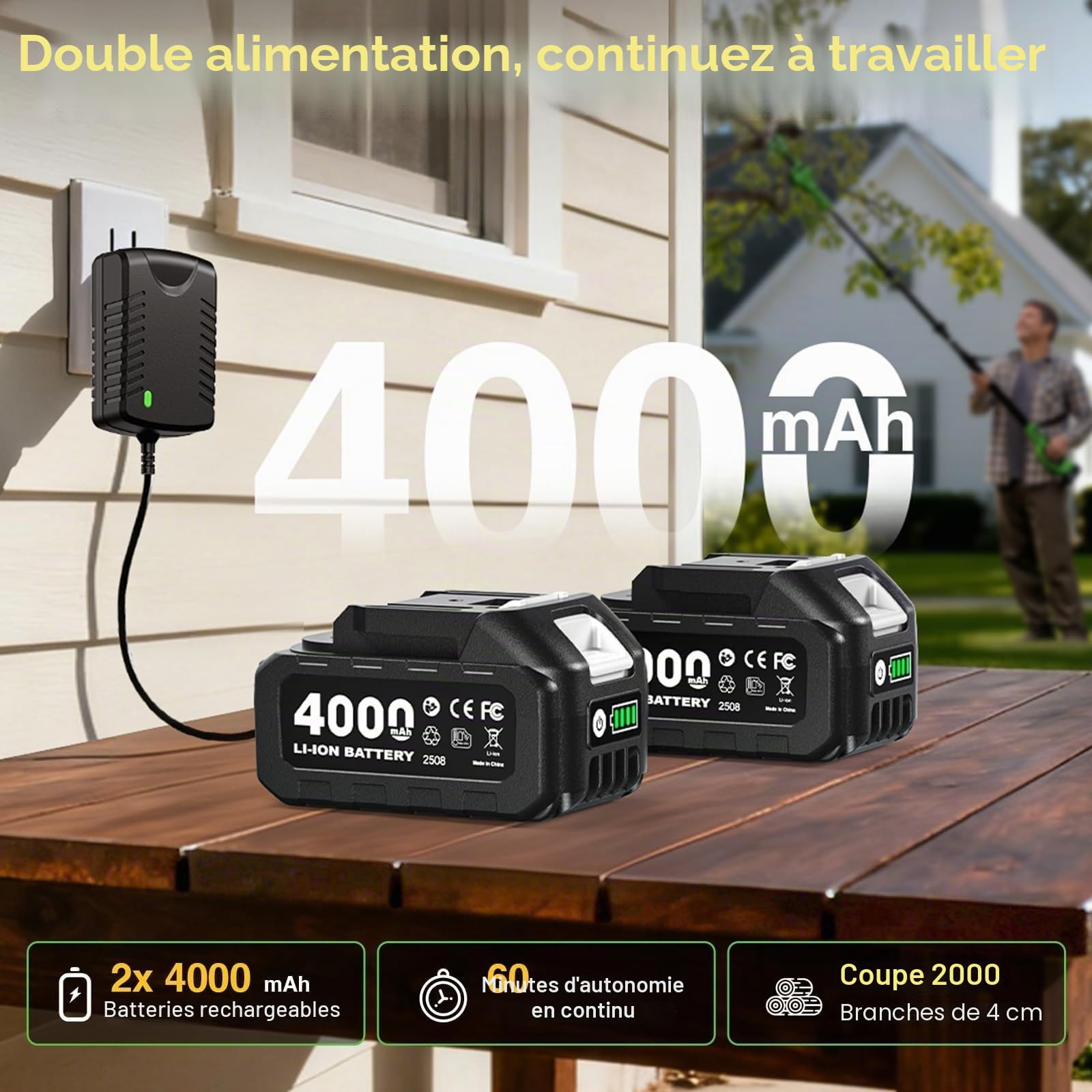 TaskStar Sécateur Électrique Avec Perchel 2-en-1: Coupe 40mm Sécateur Électrique Télescopique, portée maximale jusqu'à 2,5m, 2 Batteries 4,0Ah, Lame SK5 de Rechange, 4 Modes pour Fleurs et Arbres