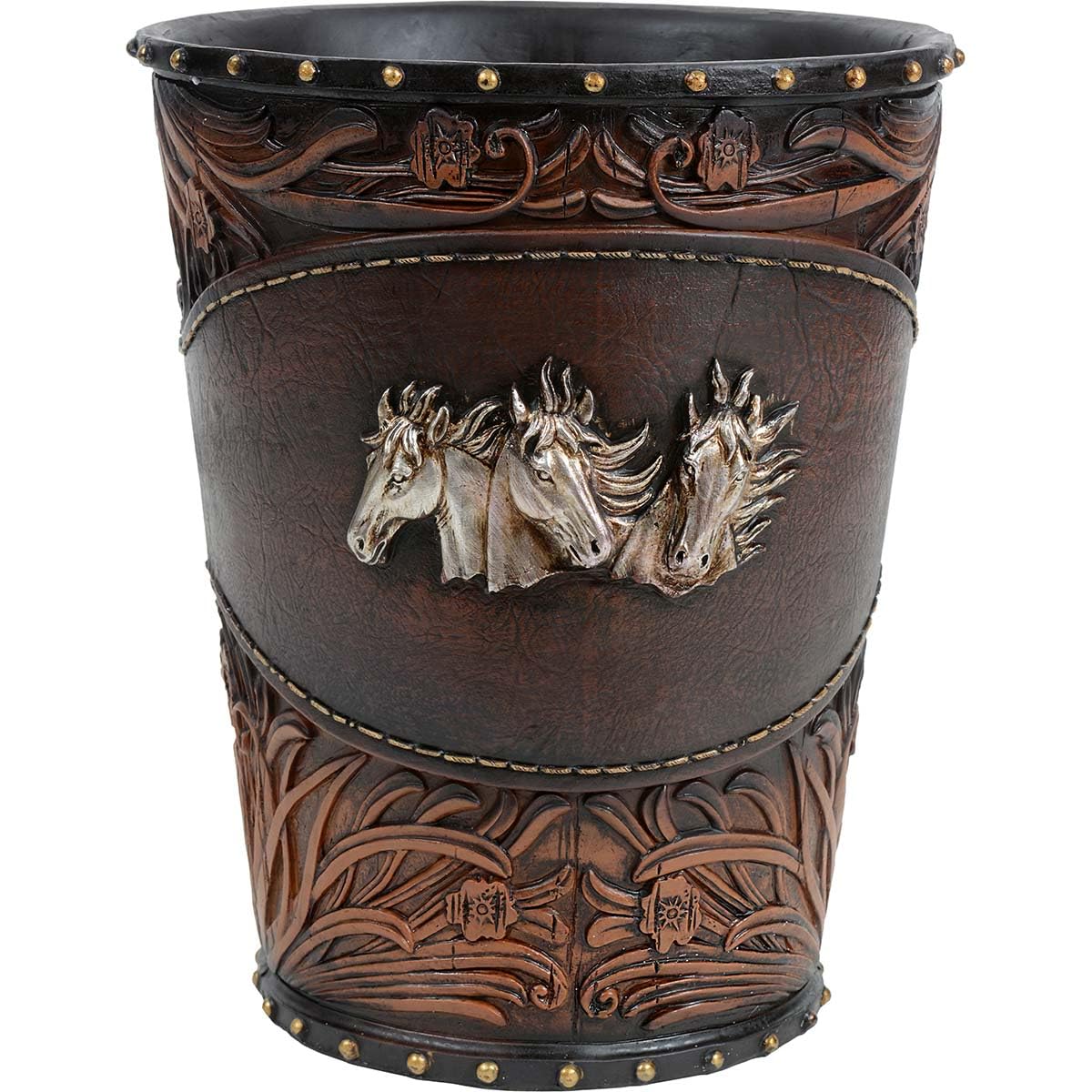 BLACK FOREST DECOR Horse Tooled Leather Waste Basket