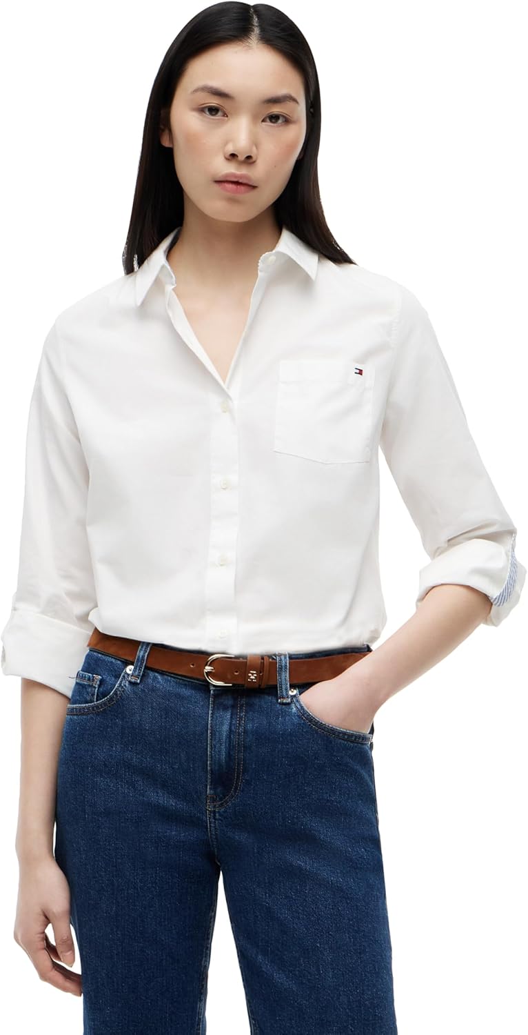 Tommy Hilfiger Women's Cotton Poplin Long Sleeve Button Down Shirt in Regular Fit with Roll Up Sleeve