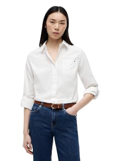 Tommy Hilfiger Camisa de manga larga de popelina de algodón para mujer, ajuste regular, con manga enrollable