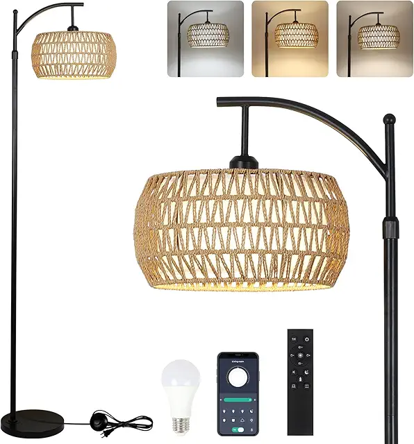 Rayofly Arc Floor Lamp - Dimmable Rattan & Linen Standing Light with Remote