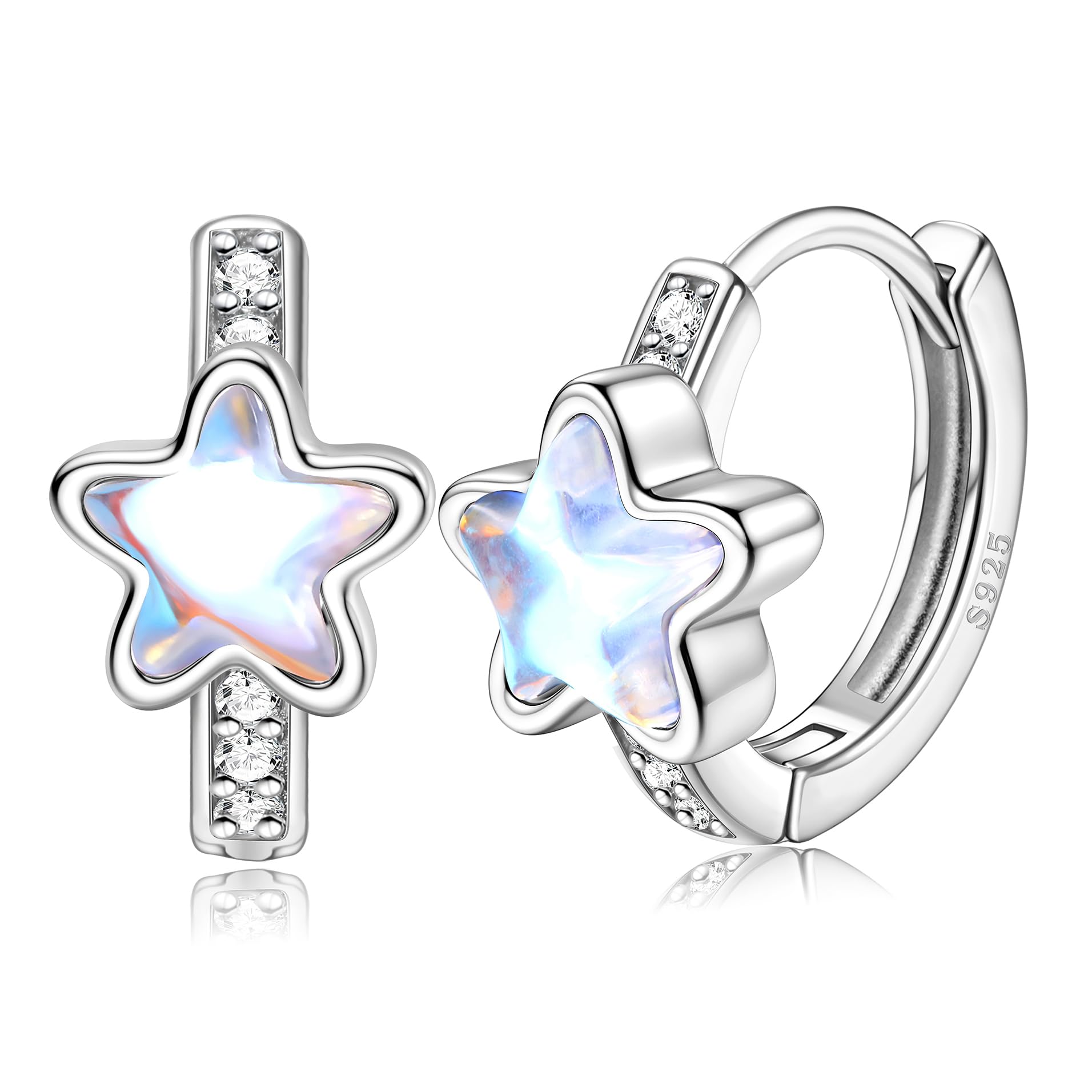 KRFY Pendiente Aro Pequeño Plata de Ley para Niña Mujer Corazón Estrella Cúbica Zirconia Moonstone Pendientes de Aro Pequeños para Niños Niñas Pequeños Huggies Pendientes de Aro