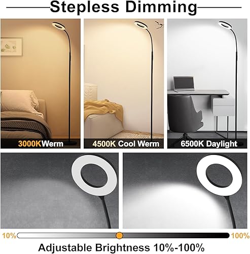 Miniatura 2 de Lámpara de pie, luz de lectura LED, lámparas altas modernas y brillantes, 3 temperaturas de color y brillo ajustable, lámpara de pie de cuello de
