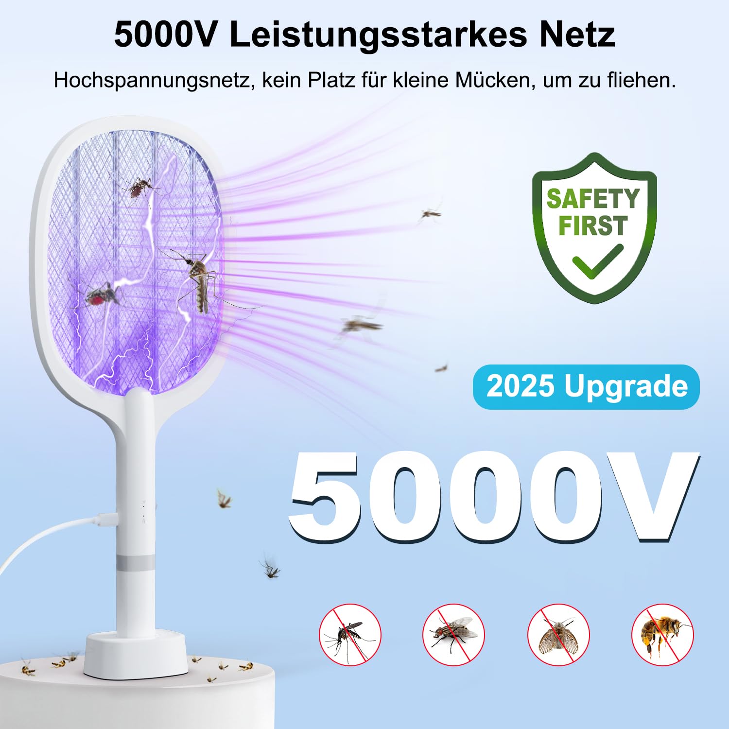 Electric Fly Swatter Racchetta Zanzare Elettrica 5000V 1800mAh con USB Ricaricabile e LED 2 in 1 con Base Recargable, LED Trappola per Zanzare para Uso en Interiores y al Aire Libre (3 pezzi)