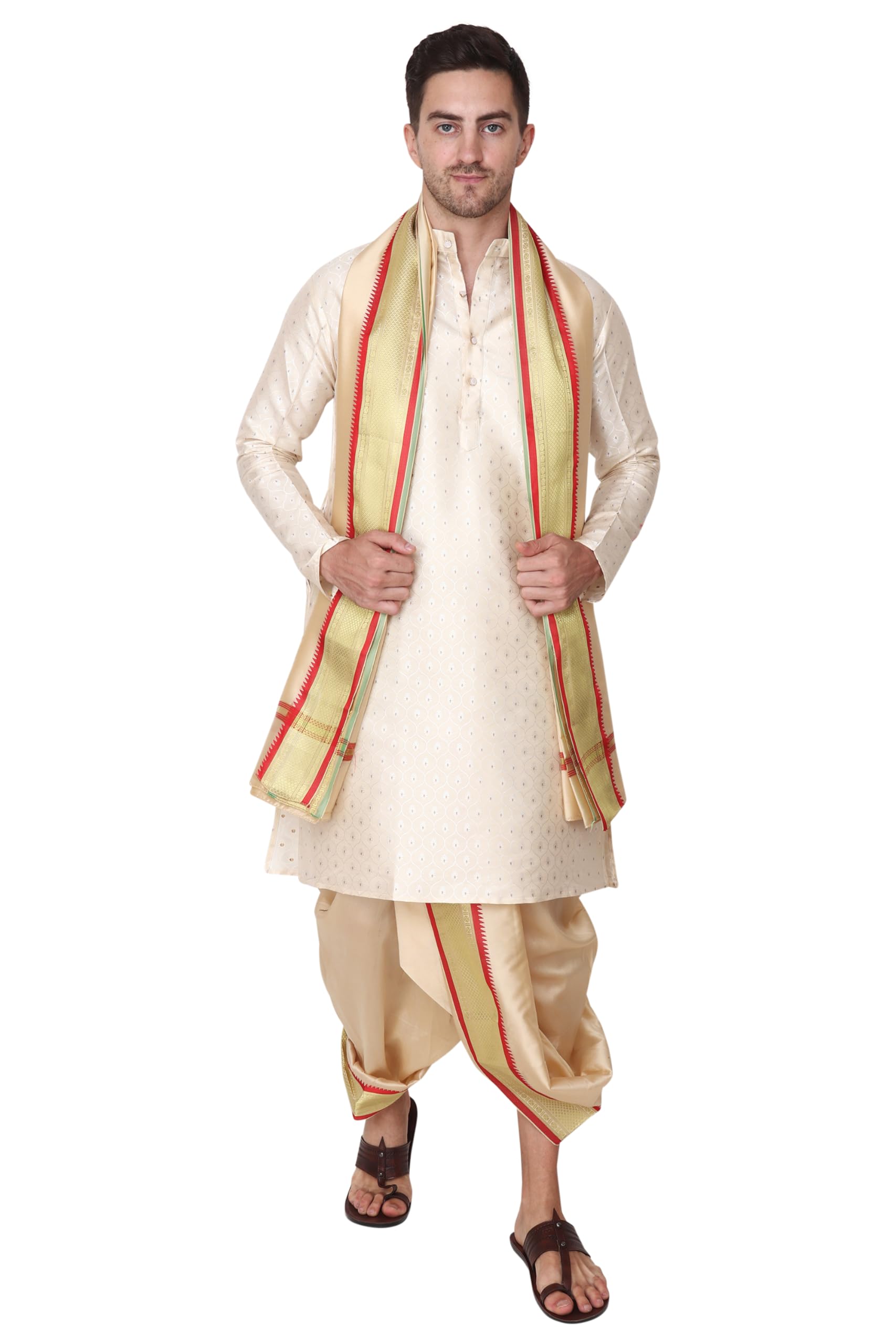 Rameshwaram Fabrics Readymade Dhoti for men with Sherwani Style Silk Kurta, Suitable for Marriage, Pooja, Festival (XL-Extra Large -42, Gold) - Image 2 thumbnail
