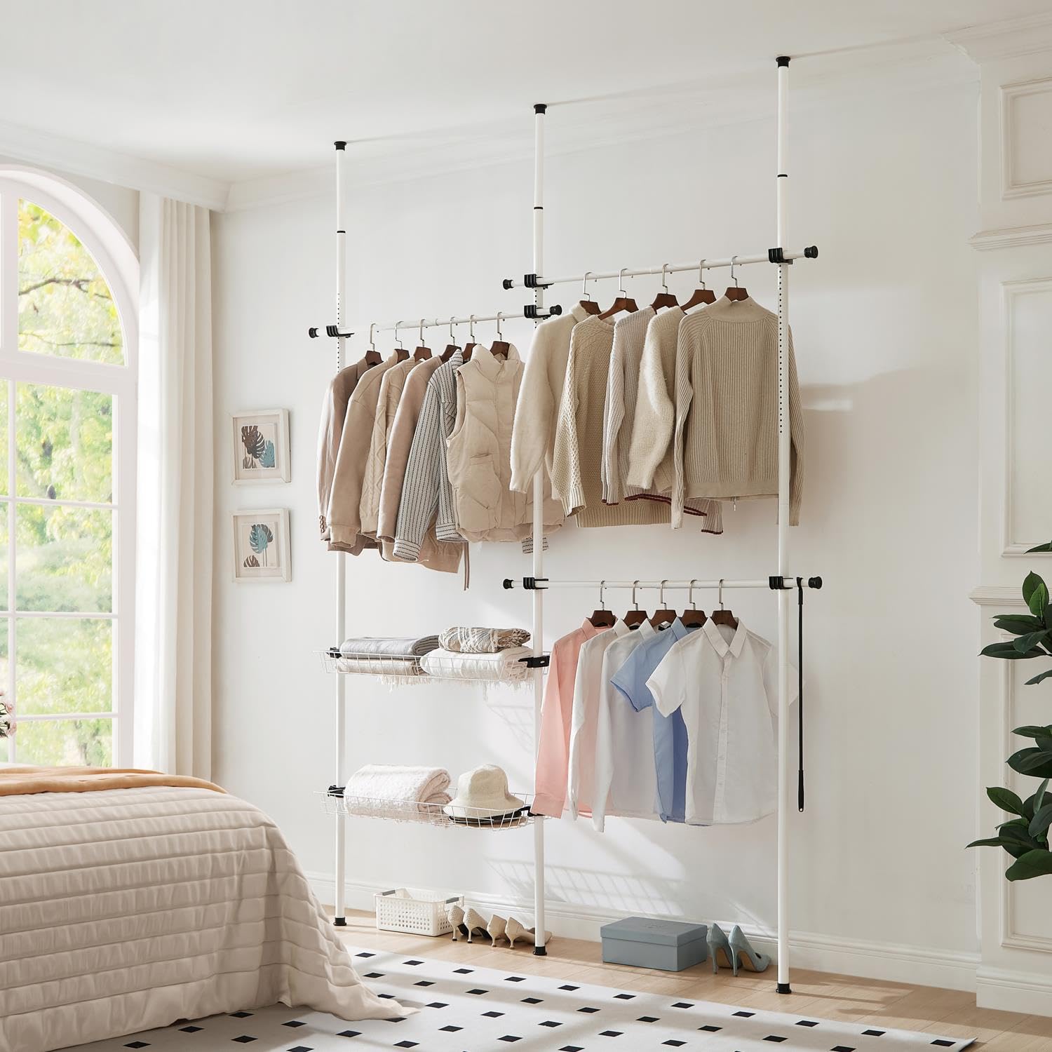 House of Home - Double Telescopic Wardrobe Organiser Adjustable 2-Tier Hanging Clothes Rack with Storage Baskets 110–310cm Height, 130–240cm Width