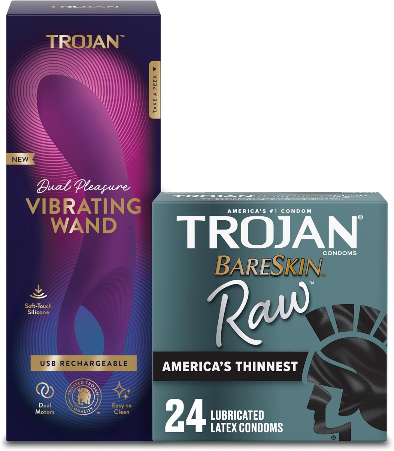 Bundle of TROJAN BareSkin Raw Thin Condoms, Lubricated Condoms for Men, America’s Number One Condom Brand, 24 Count Pack + TROJAN Dual Pleasure Vibrating Wand for Couples