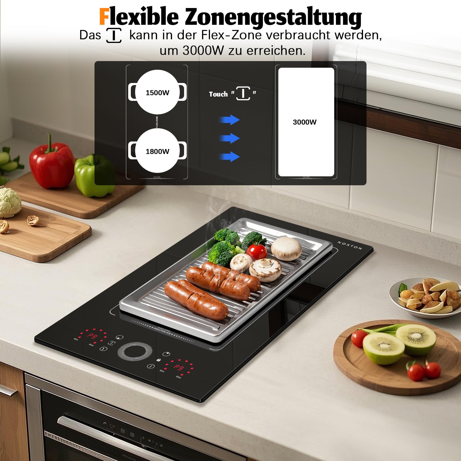 NOXTON Domino Induktionskochfeld Flexzone 2 Platten mit Runder Schieberegler, Induktionsfeld 2 Zonen mit Stecker, Induktion Kochfeld 30 cm Einbau mit Timer, Sicherheitsschloss, 220-240 V, 3500W