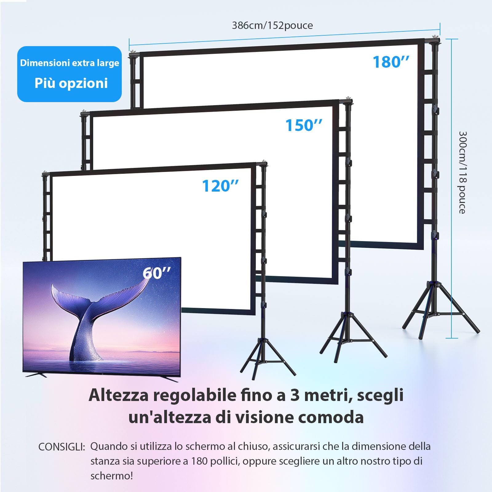 Schermo per proiettore da 180 pollici con treppiede: VOOPVOR schermo portatile 16:9 4K HD, schermo cinematografico per interni/esterni, con borsa per il trasporto e supporto regolabile in altezza per