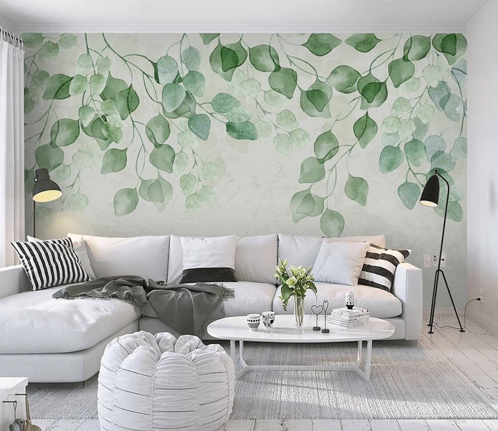 Carta da Parati Panoramica Intissato Foglie Verdi,Acquerello,Arte Wallpaper per Camera da Letto, Soggiorno 430x300cm
