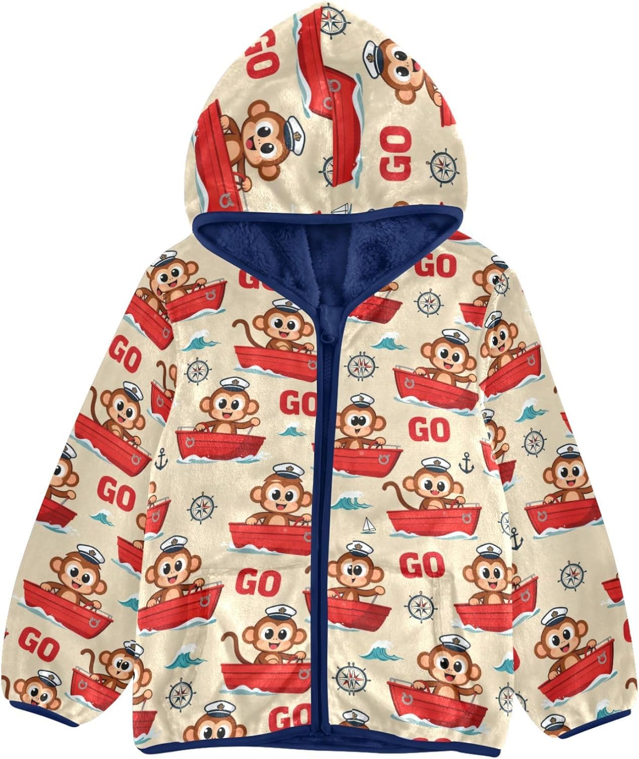 Monkeys in Ocean Hats Boy Fleece Jacket Hoodies Children Winter Coat Navy Blue Baby Boys Hoodie