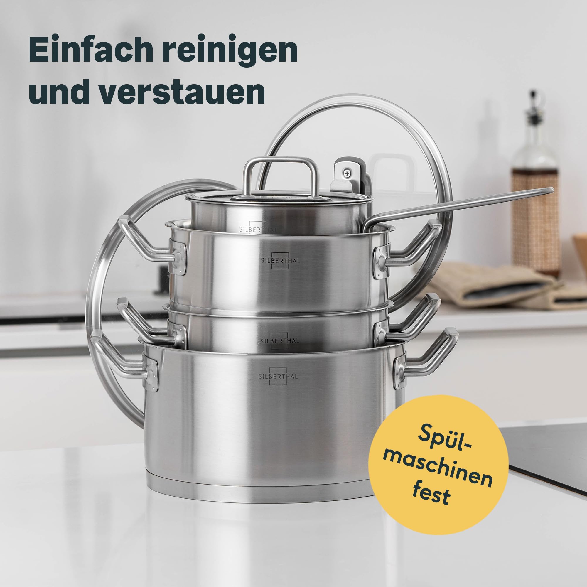 SILBERTHAL Edelstahl Topfset 4-teilig | Kochtopf 2,5l, 3,5l, 5l & 5,8l im Set für alle Herdarten inkl. Induktion & Ofenfest - Töpfe mit Glasdeckel