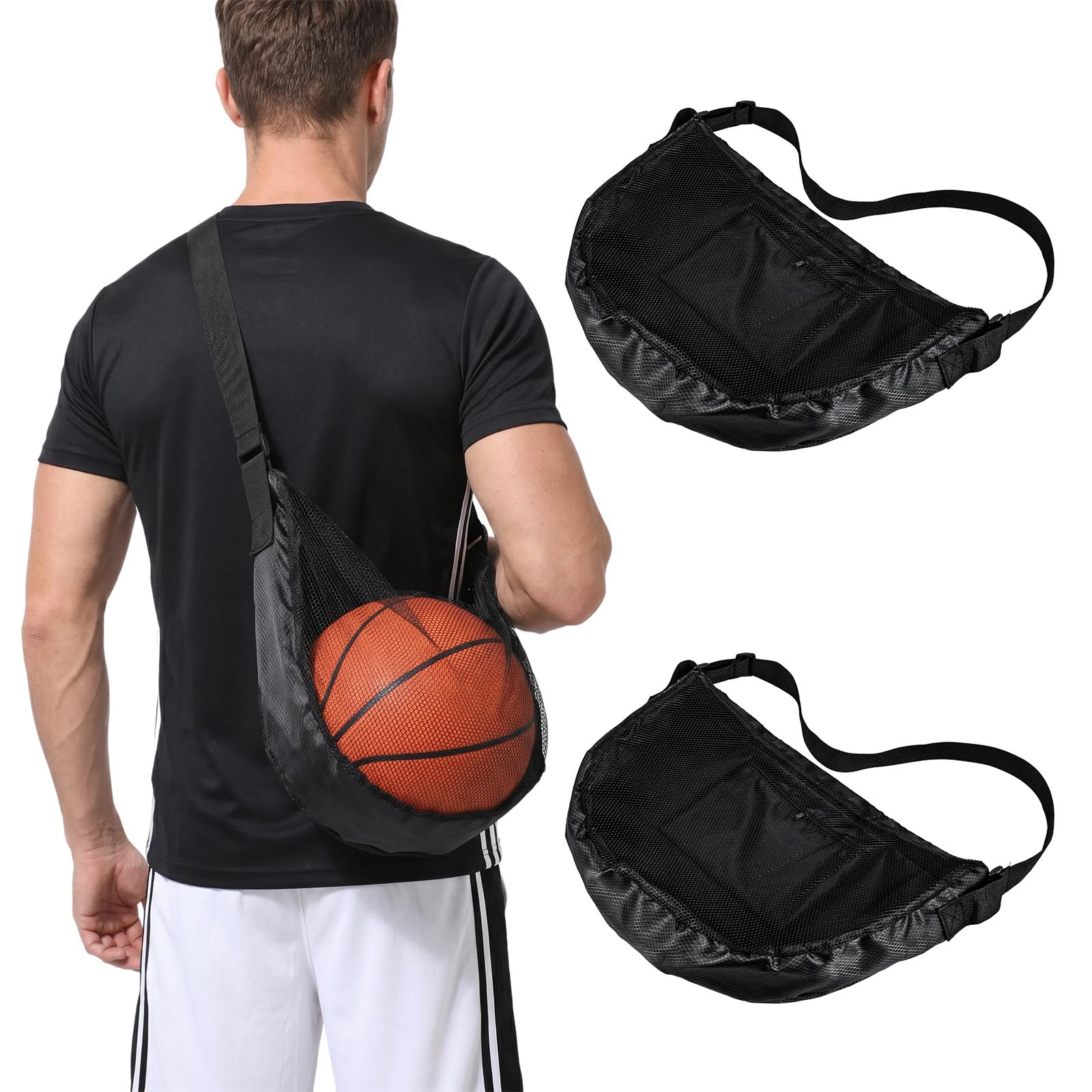 Kynigo 2Pcs Ball Bag, Mesh Ball Bags with Adjustable Strap & Zipper Pocket, Balls Storage Bags Sling Back Bag for Carrying Basketball Football Volleyball Soccer, Black