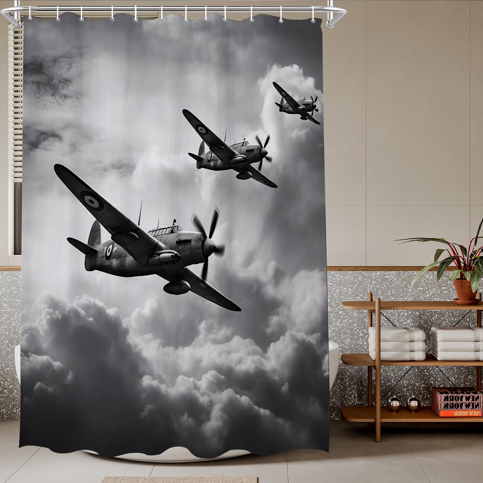 TheBlackSpot World War 2 WW2 in Color Warplane Theme Cloth Fabric Boys Shower Curtain Sets Bathroom Decor with Hooks Waterproof Washable 72 x 72 inches Gray