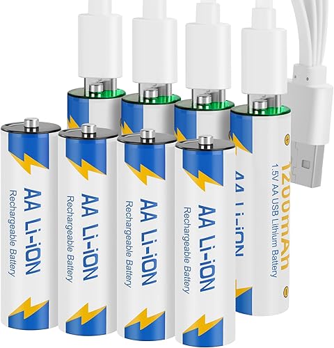 Paquete de 8 baterías AA recargables USB con cable de carga 4 en 1, batería de litio de 1.5 V de tamaño doble A, 1200 mAh para cámara Blink, Xbox