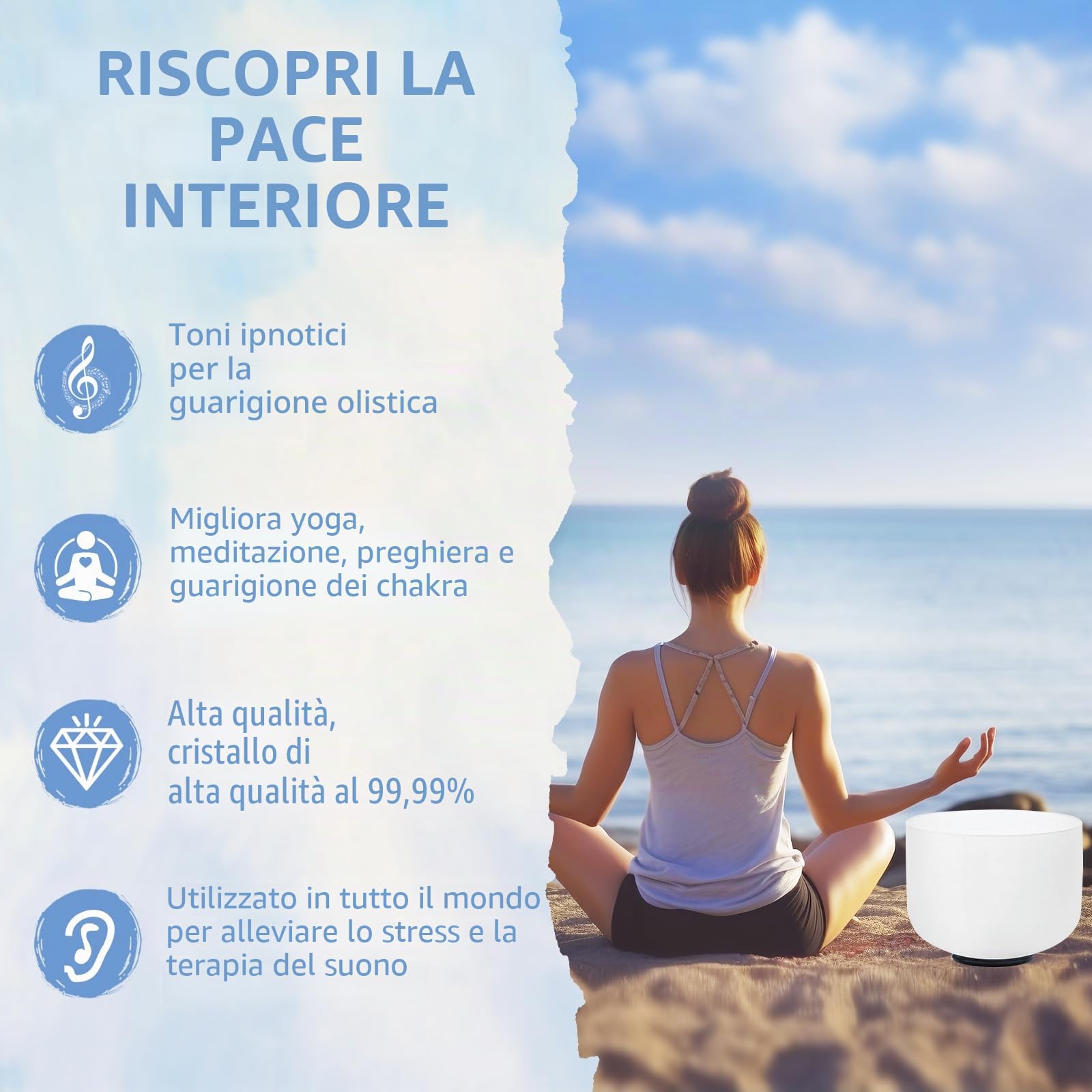 Hye-eun Set di campane tibetane in cristallo 7 Chakra, da 15,2 a 30,5 cm, 432Hz, ciotola canterina in quarzo con martello in gomma, borsa per meditazione, terapia del suono, guarigione, consapevolezza
