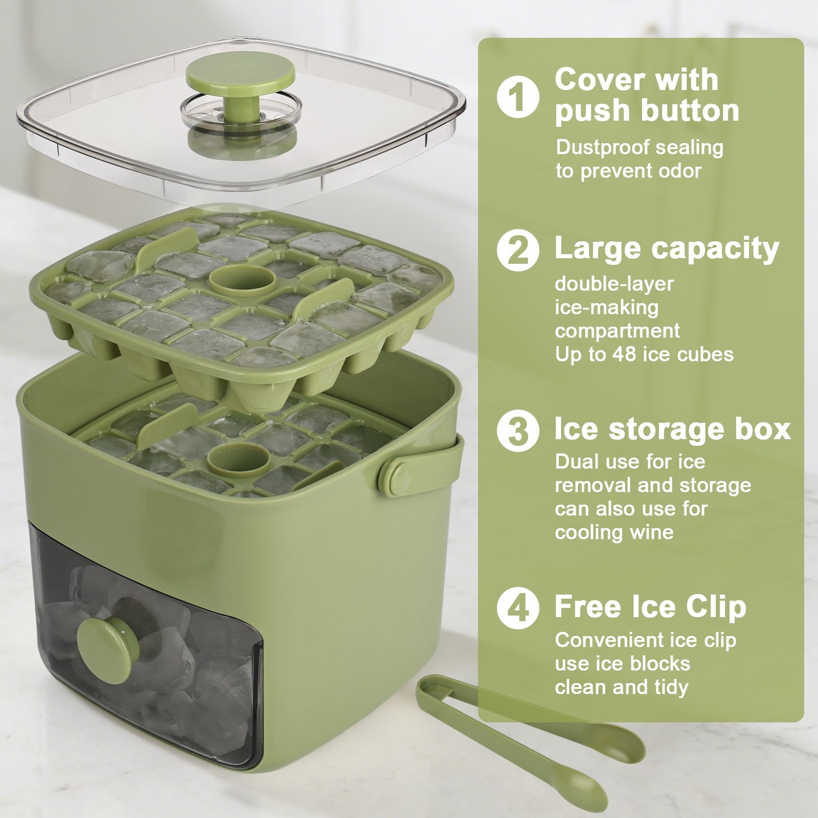 Eiswürfelbereiter DMJJSD Easy Press Ice Maker Maschine Theken-Release Alle Eiswürfel in Einer Sekunde, 48 Eiswürfelform Aufbewahrungsbox mit Griff, Eiszange & Korb, Eismaschinen für Zuhause/Büro/Bar