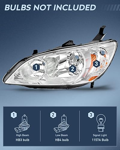 Miniatura 2 de Nilight Conjunto de faros delanteros compatible con Honda Civic 2004 2005, carcasa cromada, reflector ámbar, lente transparente mejorada, lado del