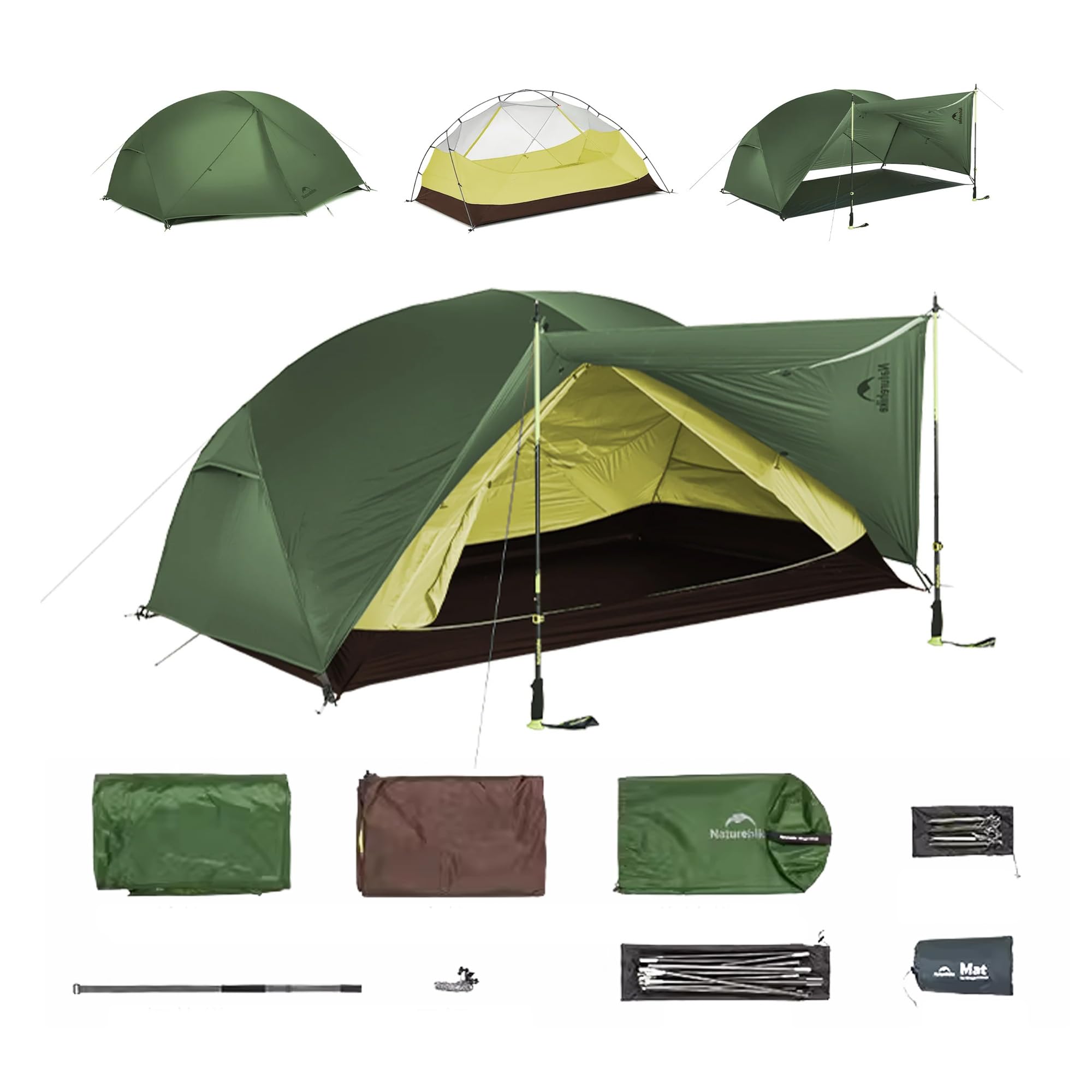 Naturehike Mongar Base Ultralight Tent 2.33-2.85 kg, PU3000 Waterproof Windproof Camping Tent, 3 Season Backpack Tent, Hiking Tent 2/3 People for Hiking, Camping, Outdoor (Green, 2)