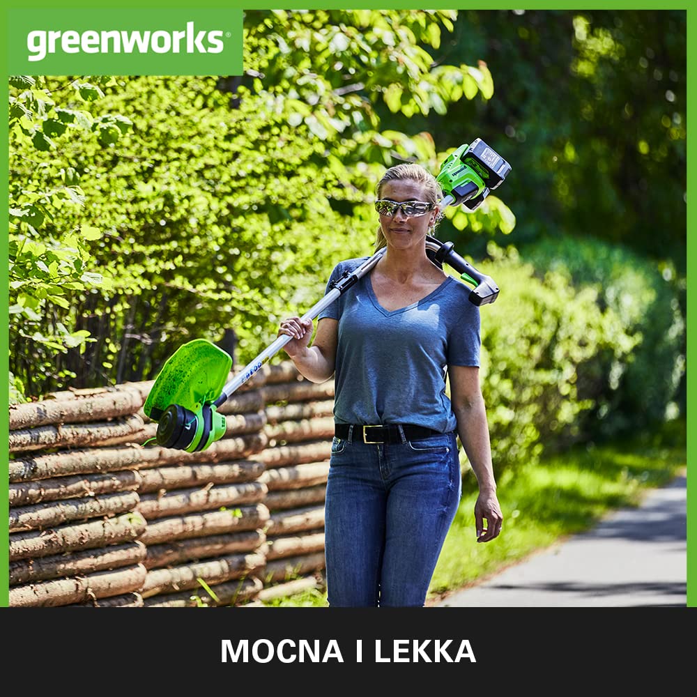 Greenworks GD24X2BCBK4x Akumulatorowa Kosa z Silnikiem Bezszczotkowym, Szelki, Uchwyt Rowerowy, 38 cm Szerokość Cięcia, 2 mm Żyłka Nylonowa, 25 cm Ostrze, 2x Bateria 24V 4Ah i Ładowarka