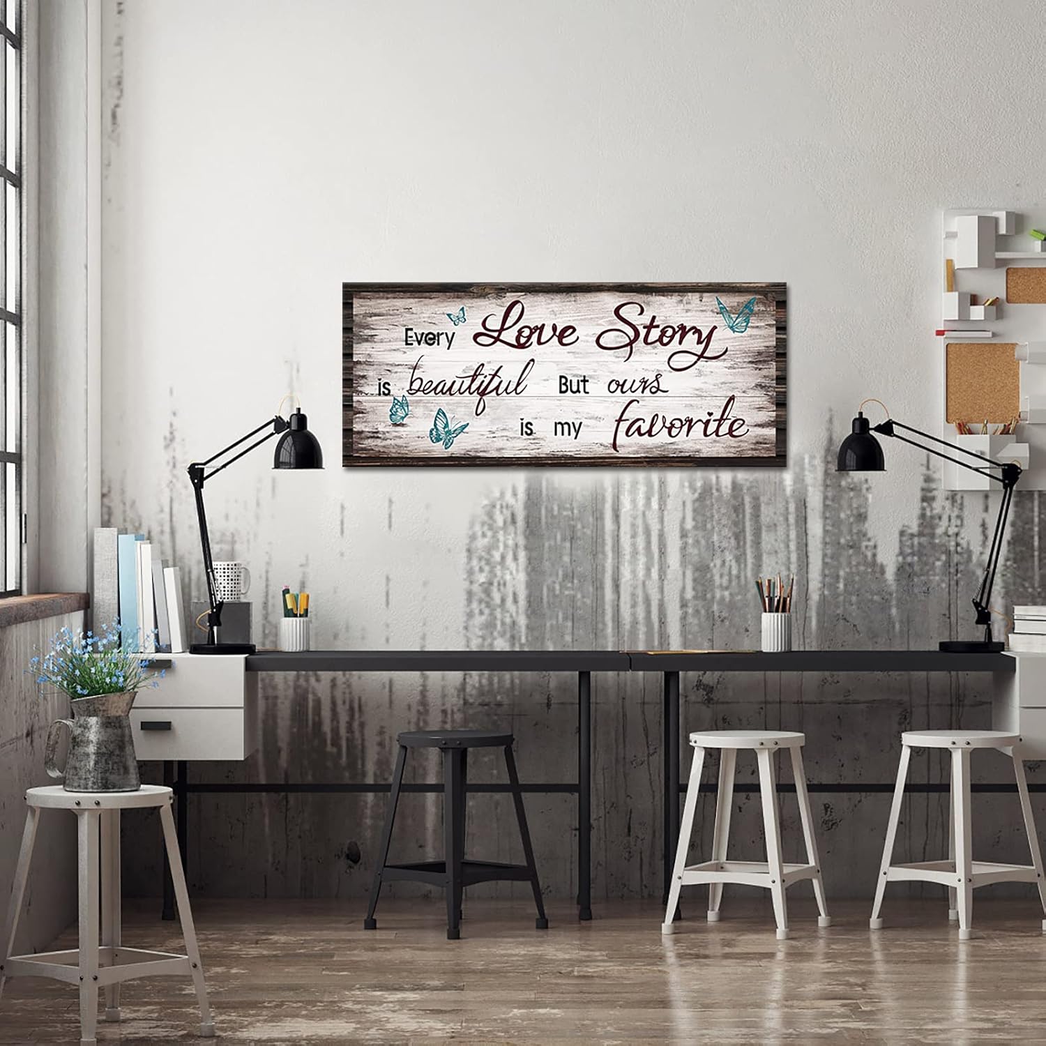 Kalormore Retro Love Story Canvas Wall Art for Bedroom Butterfly Sweet Quote Rustic Brown Wooden Textured Picture Prints Artwork for Living Room Bedroom Ready to Hang
