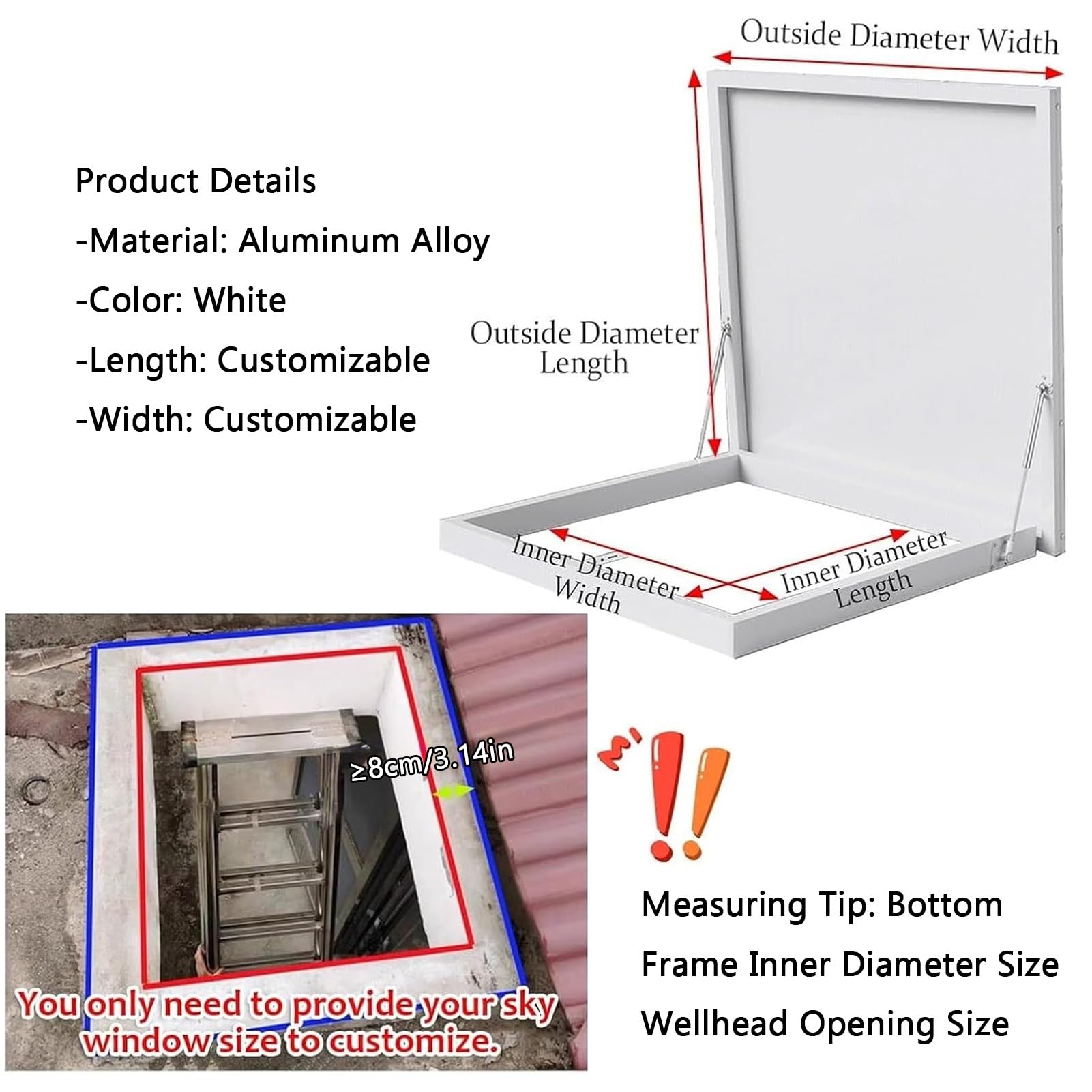 Aluminiowe drzwi zabezpieczające przed włazem dachowym do strychów i piwnic Hydrauliczne drążki kierownicze Metalowy uchwyt zamka 100 x 56 cm - rozwiązanie dostępu do dachu do garaży i loftów
