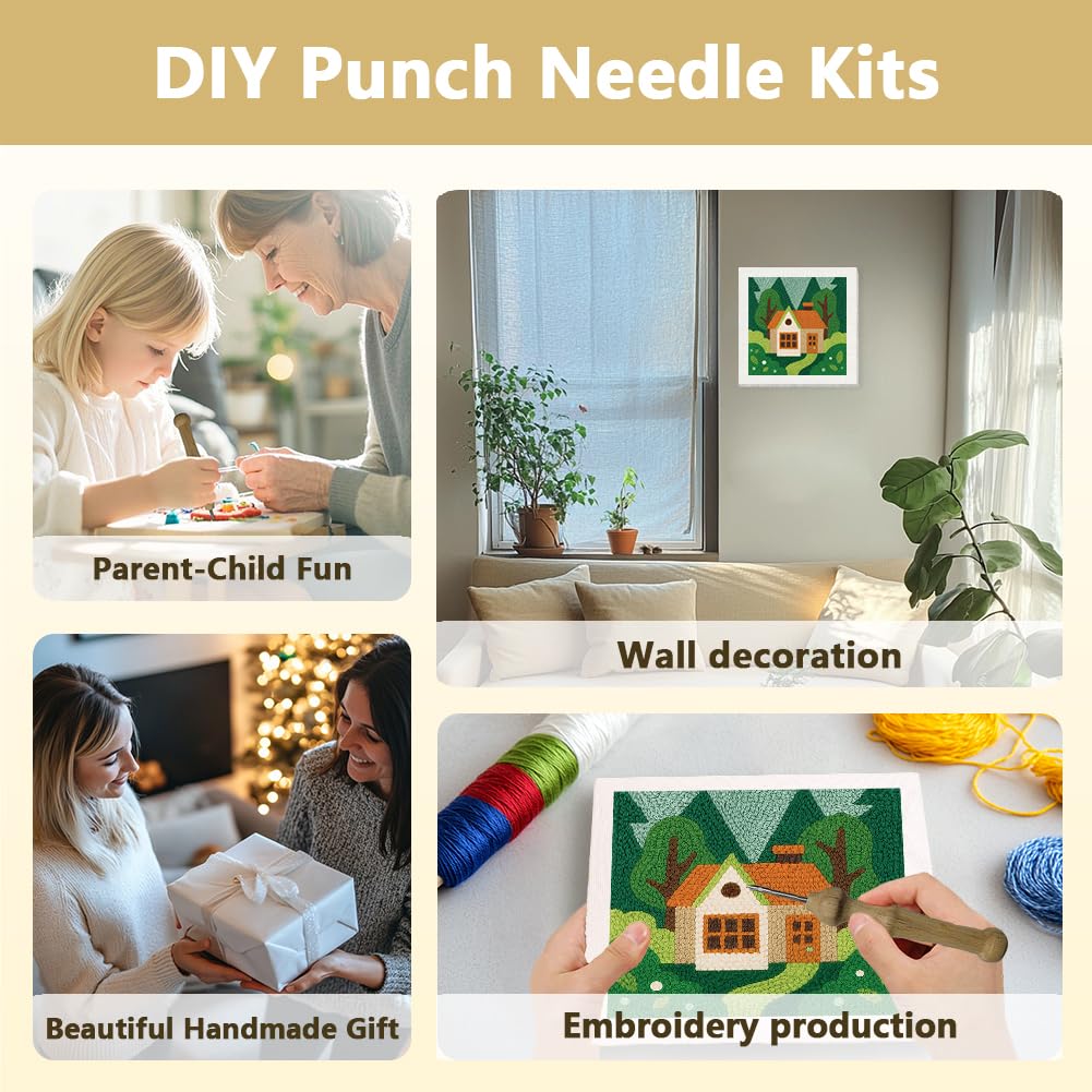 DOODLREAM Forest Cabin DIY Punch Needle Embroidery Kit for Adult Beginner 24 cm Punch Stitching Craft Set for Starter with Frame Fabric Pattern - Image 4