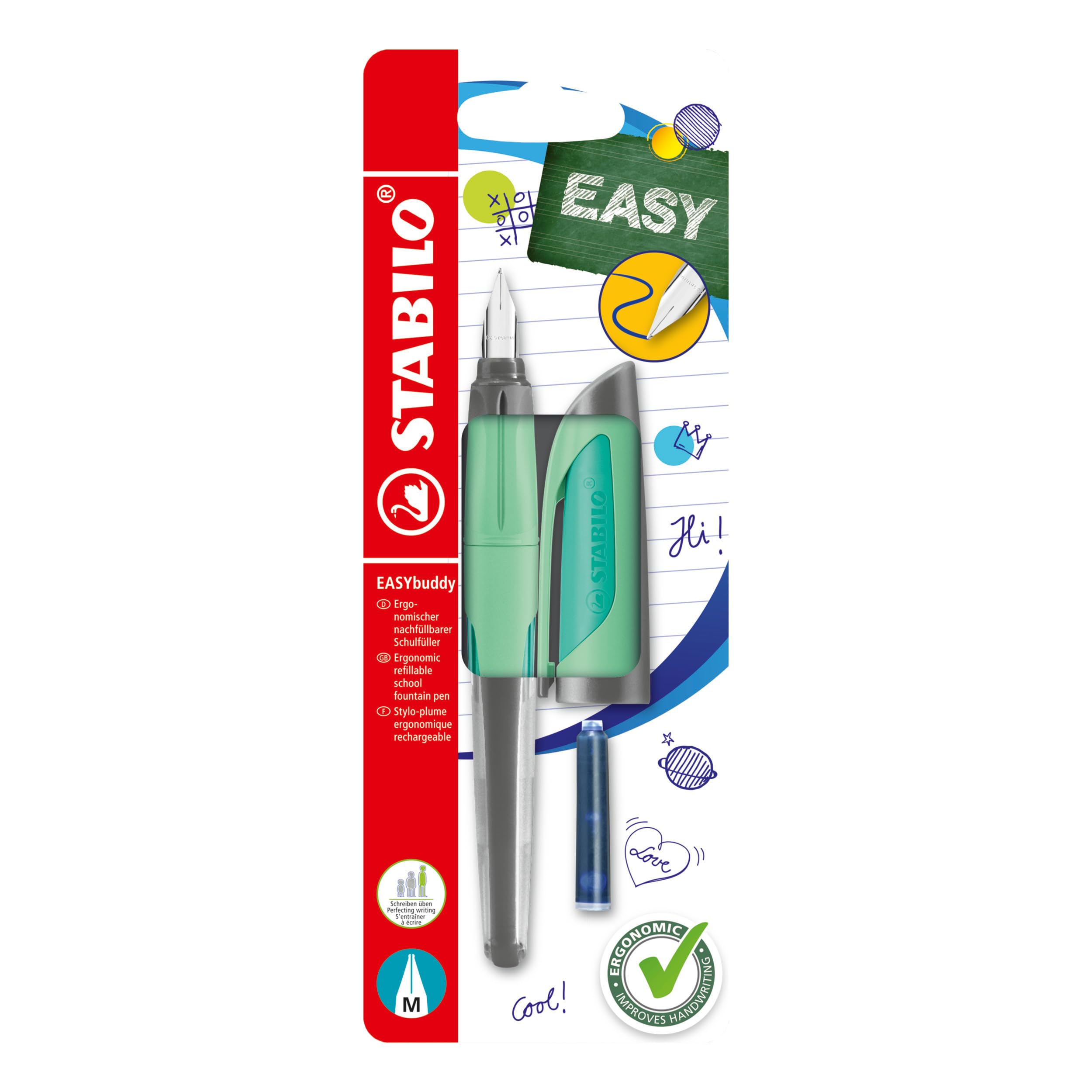 STABILO EASYbuddy Pastel - Ergonomic School Fountain Pen - M-Nib - Right-Handed - Pack of 1 - Hint of Mint