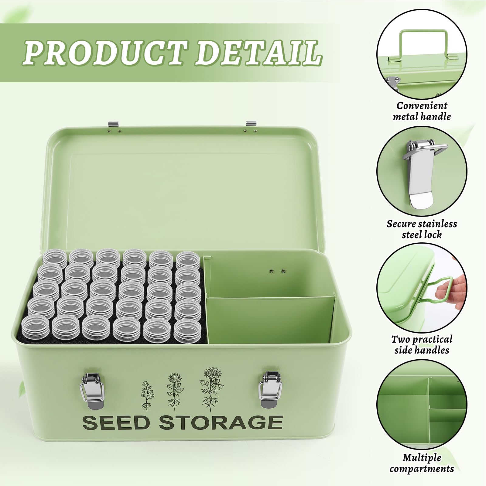 Contenitore per semi con 60 scomparti, in metallo, con coperchio e serrature di sicurezza, contenitore per semi con 20 buste per semi e 20 etichette, 3 scomparti, perfetto per piante da fiore e