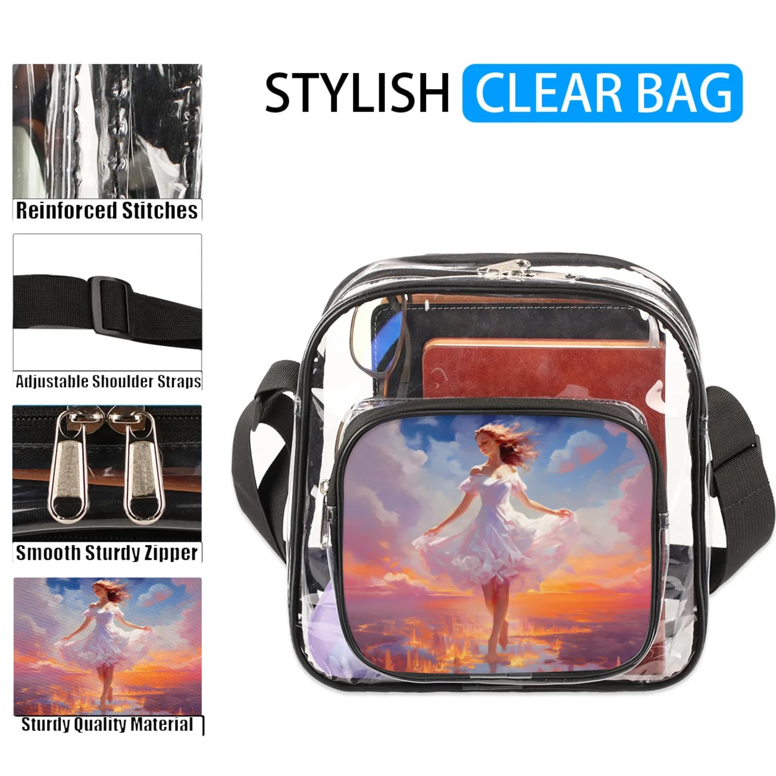 Clear Crossbody Bag Stadium Approved White Dress Girl Transparent Bag for Festivals, Sports Events, Concerts,Beach Bag for Women Men Clear Purse with Front Pocket Messenger Bag with Adjustable Strap